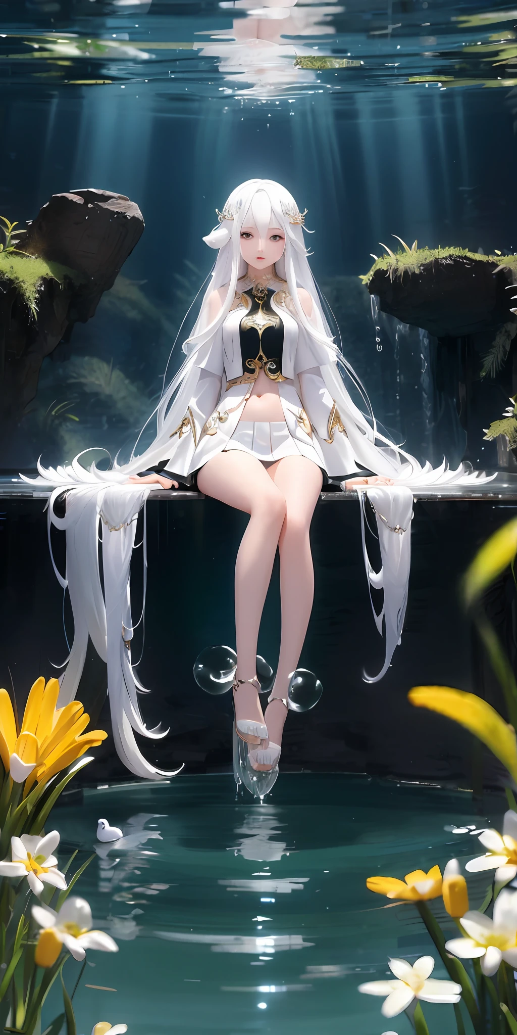 Goddess of perfect figure，long  white hair，Transparent clothes，short  skirt，duck sitting，low perspective，Charming，drenched all over the body