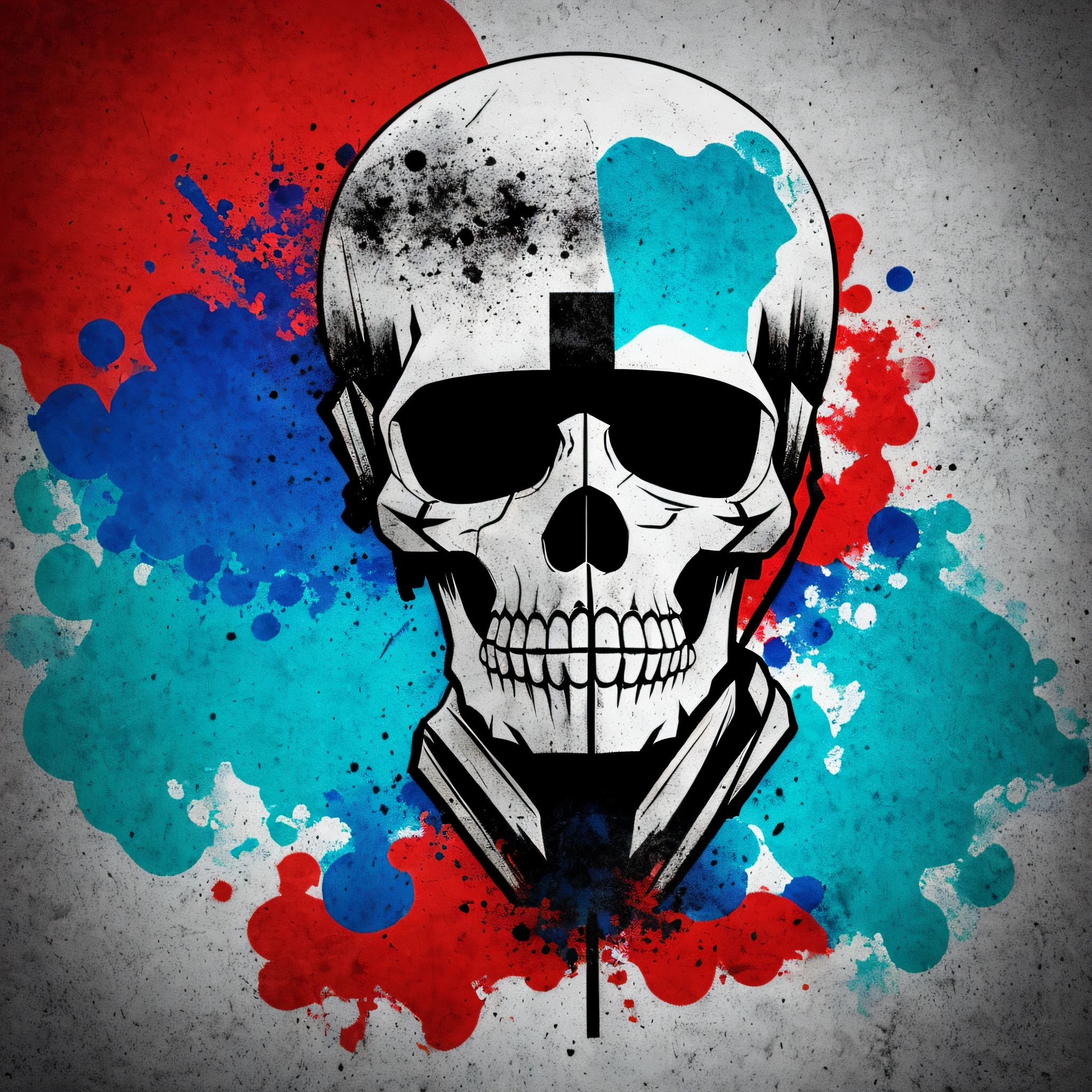 crie uma imagem simples de uma caveira com o cerebro exposto. use para fazer a imagem as cores azul, vermelho, preto e branco --auto