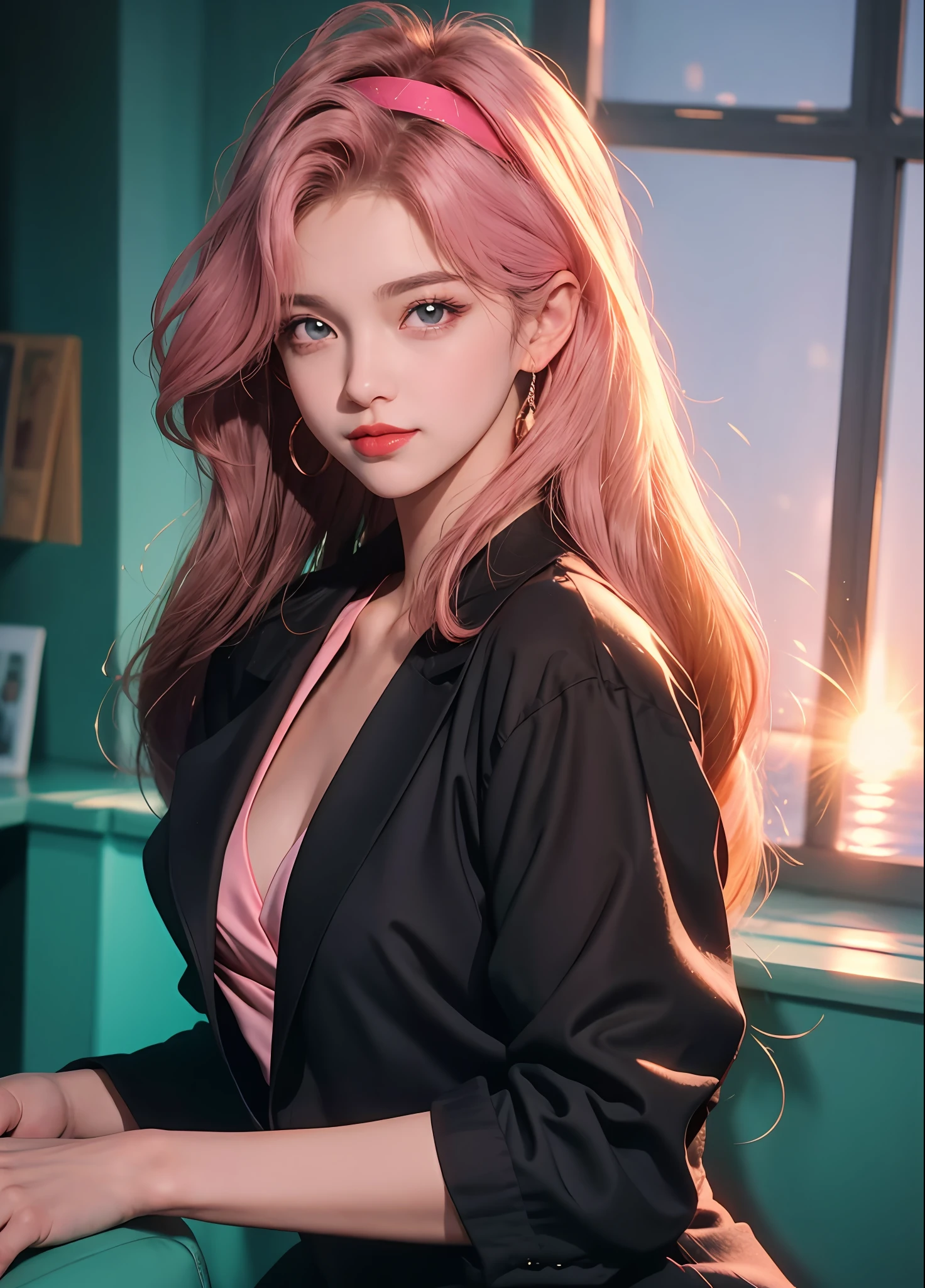 90's anime style，tmasterpiece，best qualityer，highest  quality，realisticlying，perfectanatomy，perfectface，Perfect eyes，long eyelasher，largeeyes，eye glass，Red lips，lipstick，Business suit，1girll，独奏，Pink Long Hair，shift dresses，eBlue eyes，shairband，（cabelos preto e longos），Pink dress，blacksilk，red hairband，exteriors, ssmile，lakeside，the sunset🌇