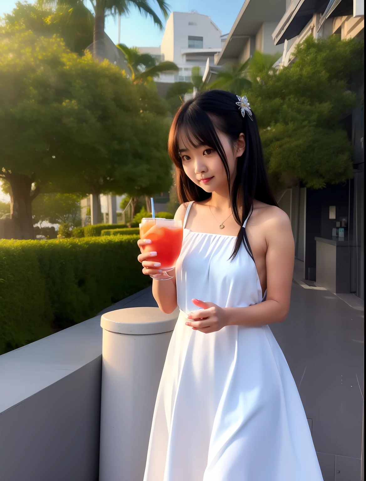 woman in white dress holding a drink and a blue bag, anime girl, with sunset, lalisa manobal, fanart, profile picture 1024px, 奈良美智, xintong chen, official artwork, with a drink, sakimichan, trending on cgstation, chiho