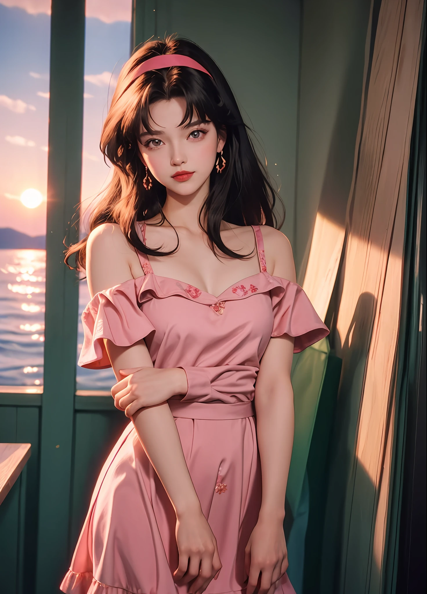 90's anime style，tmasterpiece，best qualityer，highest  quality，realisticlying，perfectanatomy，perfectface，Perfect eyes，long eyelasher，largeeyes，eye glass，Red lips，lipstick，Business suit，1girll，独奏，Pink Long Hair，shift dresses，eBlue eyes，shairband，（cabelos preto e longos），Pink dress，blacksilk，red hairband，exteriors, ssmile，lakeside，the sunset🌇