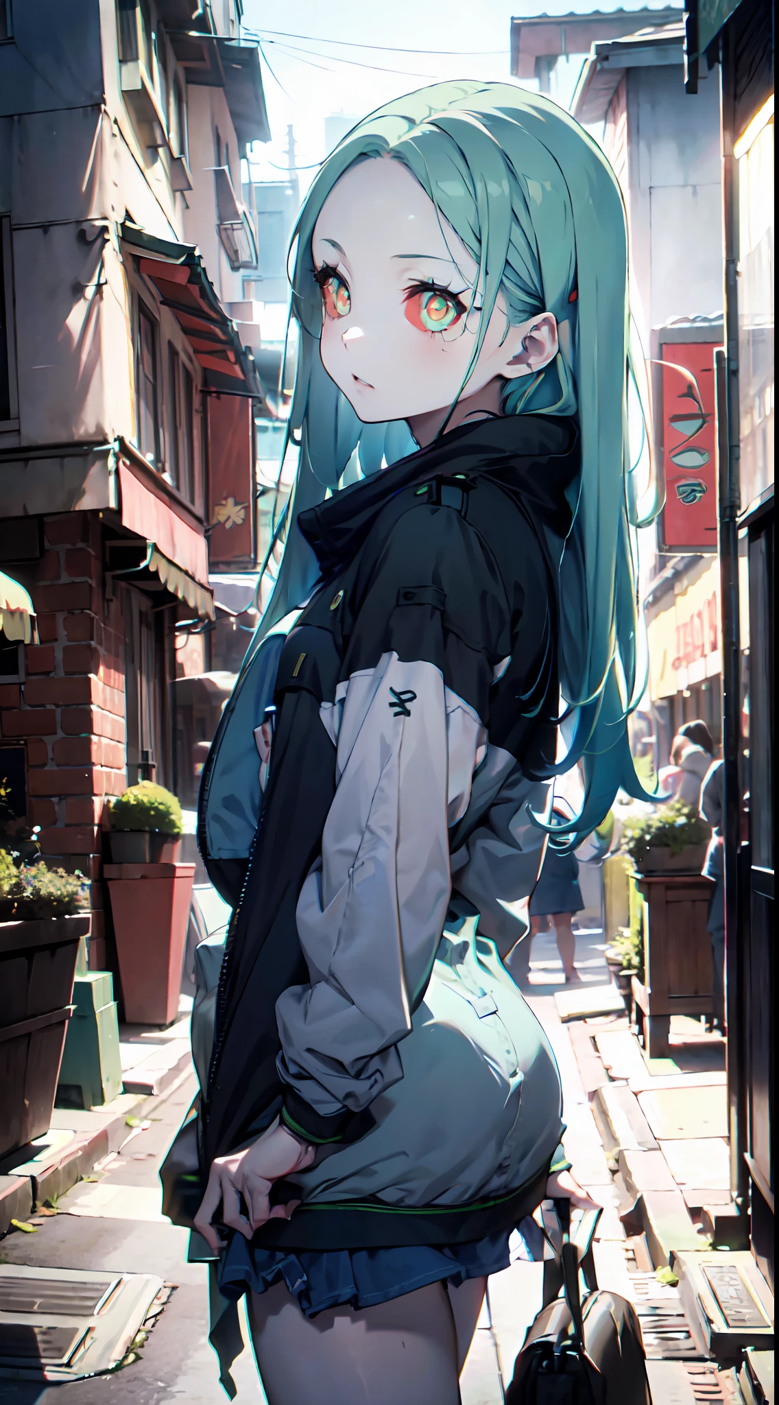 1girl, (solo:1.2), ((masterpiece)), slim, small chest, pale skin, ((detailed eyes)), (bokeh effect), green hair, long hair, straight hair, exterior, red eyes, jacket