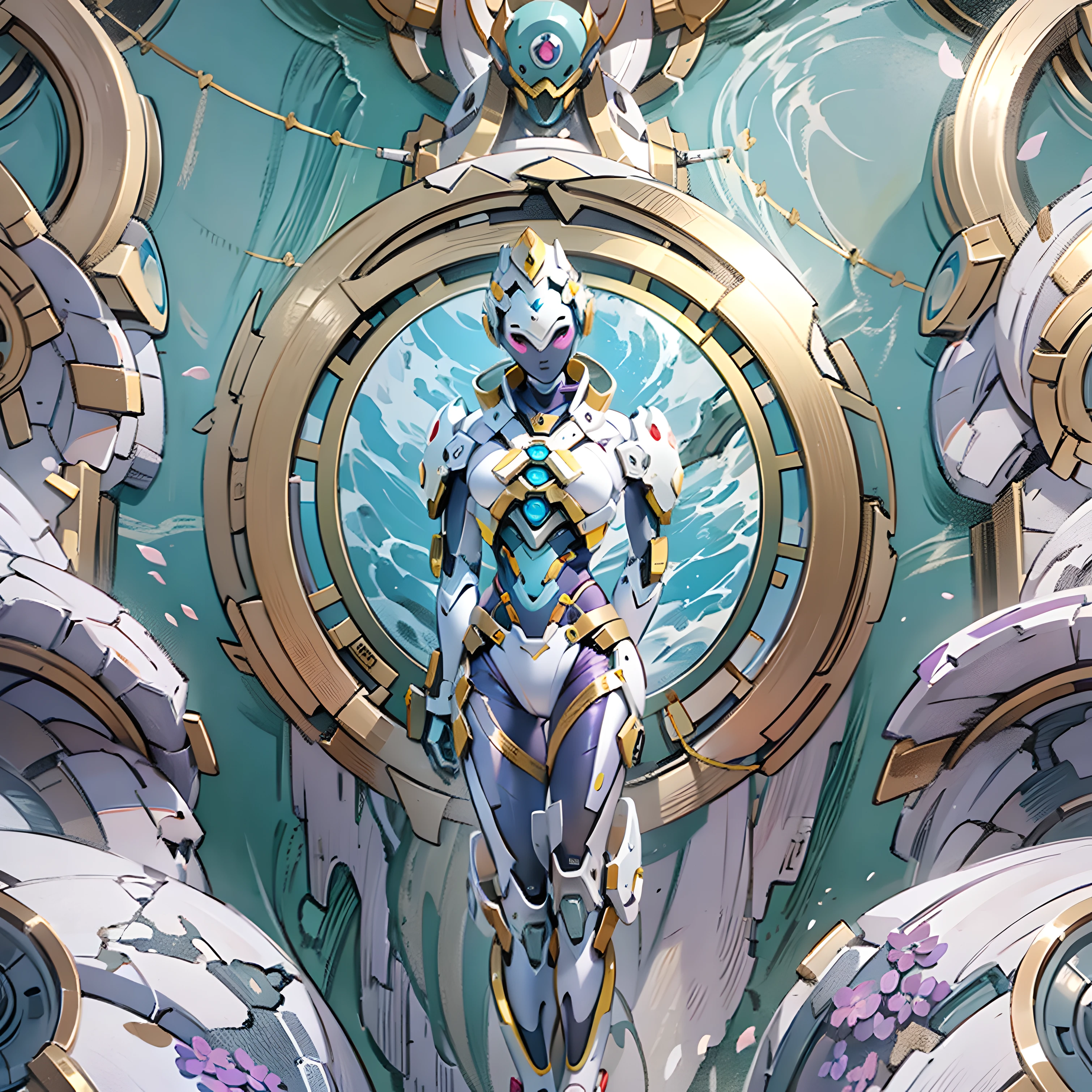 marble, lilac, sea blue, daylight, beautiful, slab, marble pattern, gold deposit, violet, pristine white , statue , overwatch , futuristic , robots , zenyatta overwatch . surreal , extreme detail , 8k , ultra HD , extreme detail , hyper realistic , Overwatch animated shorts , beautiful scenary.
