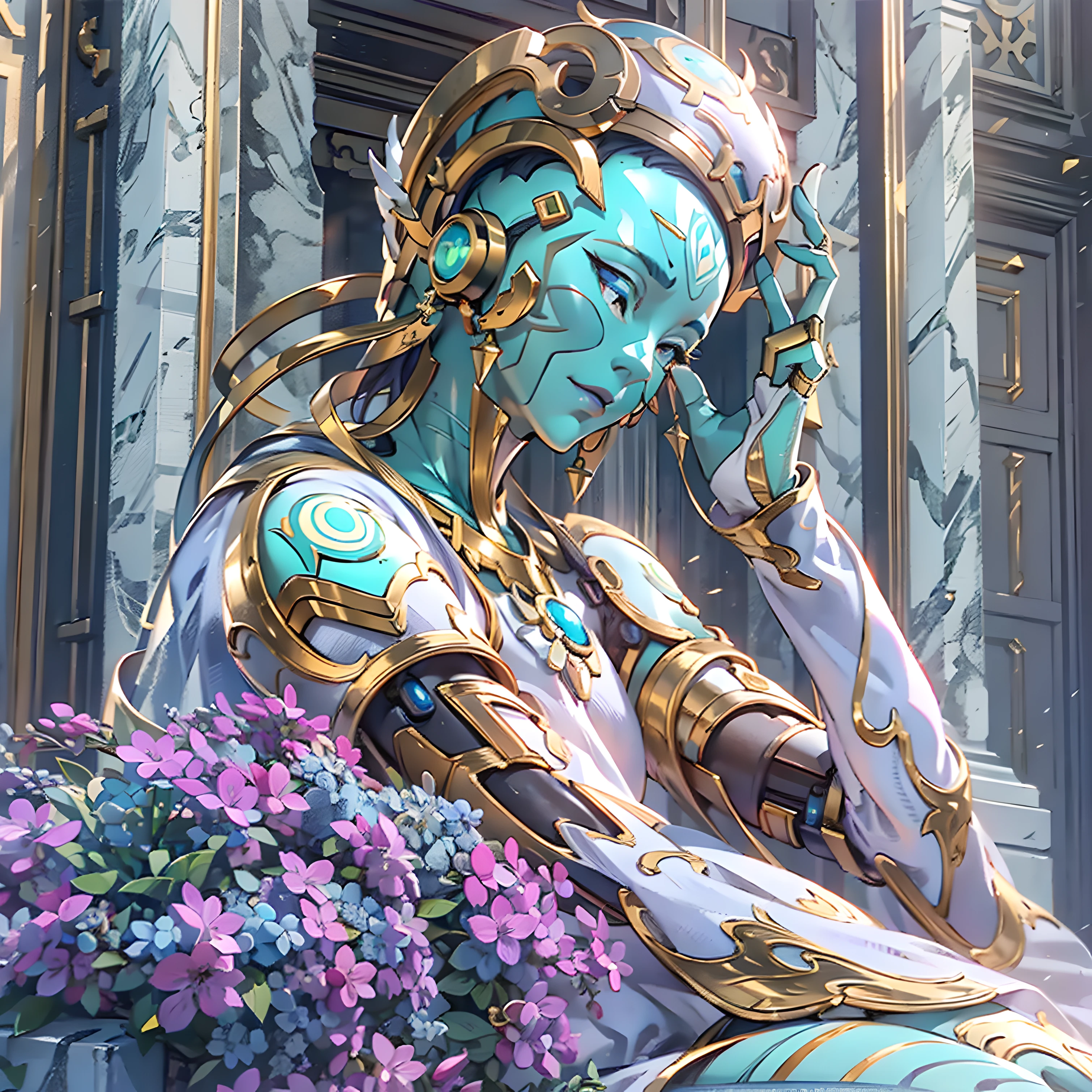 marble, lilac, sea blue, daylight, beautiful, slab, marble pattern, gold deposit, violet, pristine white , statue , overwatch , futuristic , robots , zenyatta overwatch . surreal , extreme detail , 8k , ultra HD , extreme detail , hyper realistic , Overwatch animated shorts , beautiful scenary.