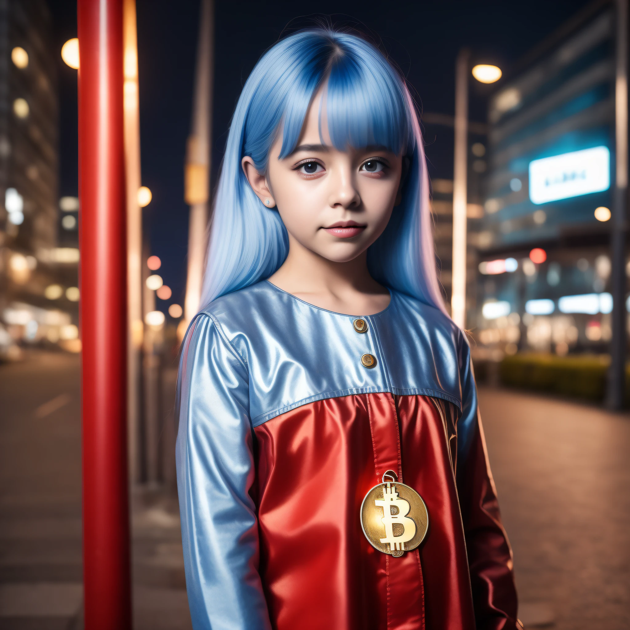 Menina branca bonita de 10 anos, with straight light blue hair long to the waist, com grandes olhos azuis bem juntos horizontalmente ao nariz,fofa,com bochechas rosadas, com jaqueta preta com simbolo do bitcoin dourado,blusa preta,de batom vermelho,lente 55 mm abertura f/1.5,with blurred background of an urban city at night full of illuminated buildings, and poles with blue and red lighting
