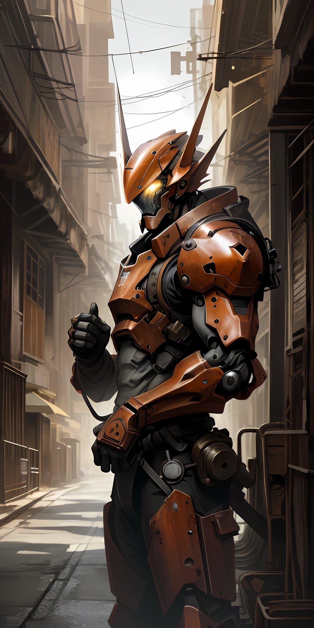 Portrait photo of an alpha male, perfect eyes, in a worn mecha suit, intricate, (steel metal [rust]), elegant, sharp focus, photo by greg rutkowski, soft lighting, vibrant colors, masterpiece, ((streets)), cowboy shot, dynamic pose,
