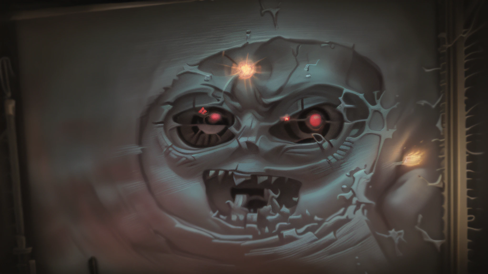 The three-eyed giant burst out of the sky, Zoom in on alien faces, Scary face, skull on the screen, Devil's face, Chalk painting, Pencil side, r /art, r/art, r / art, ancient neon monster portrait, hud face, funny faces