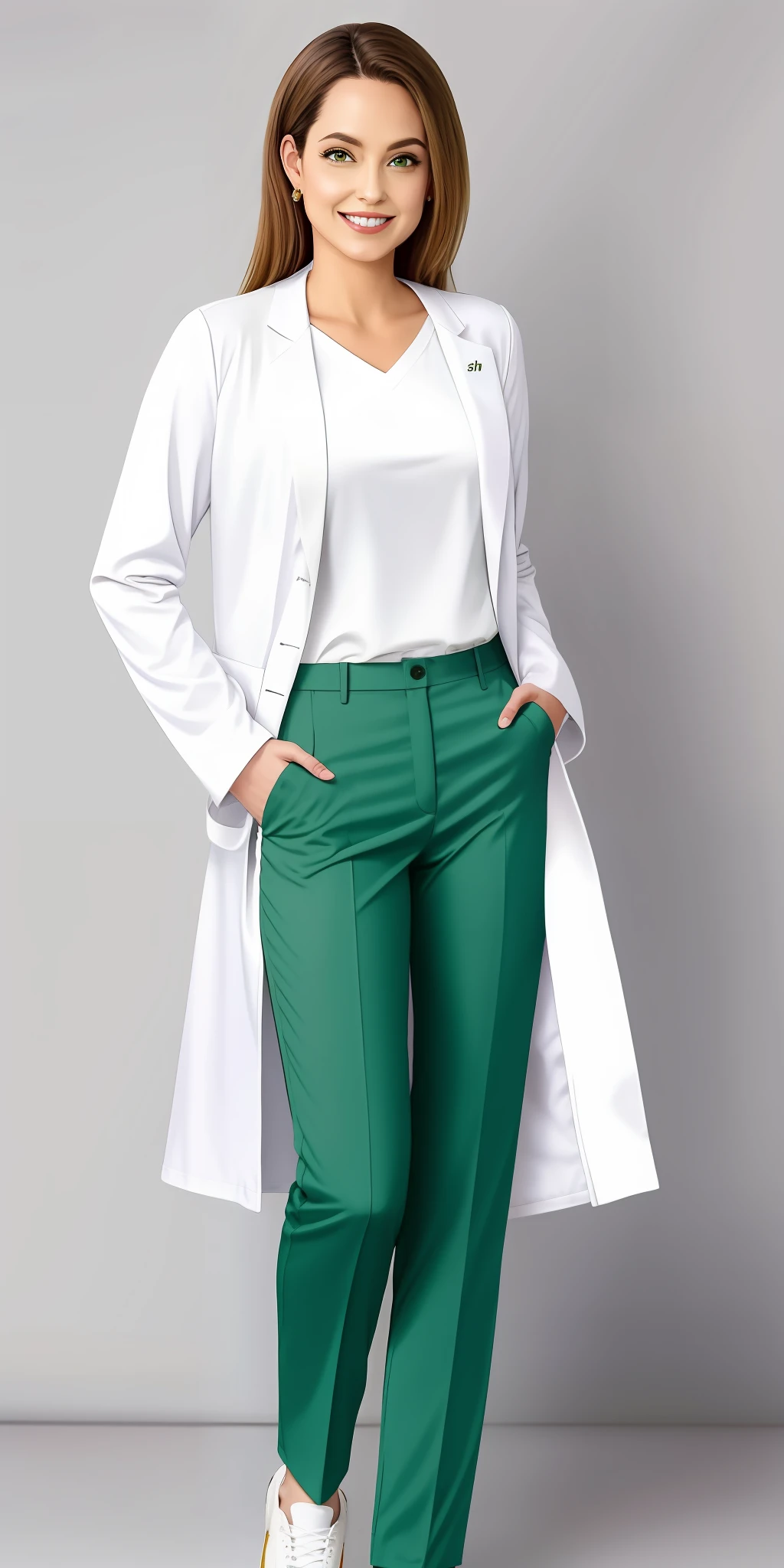 a woman in white coat and green pants, sorridente, in the age group of 30 years, usando sapatos brancos que aparecem por inteiro, One of his hands gracefully grips the tip of his chin, perfect hands with perfect, proportional fingers, corpo inteiro, (PERNAS INTEIRAS), usando sapatos brancos brilhantes, vestindo um jaleco sem emblemas e sem texto algum, 100% Branco, vestindo jaleco branco e blusa verde, sapatos scarpin brancos, 8k, UHD, Avental branco, Jaleco, White lab coat, jalecos, Jaleco, usando jaleco, jaleco e camiseta, vestindo jaleco, usando jaleco, roupas apenas nas cores verdes e brancas, com jaleco, uniforme de enfermeira, sapatos brancos