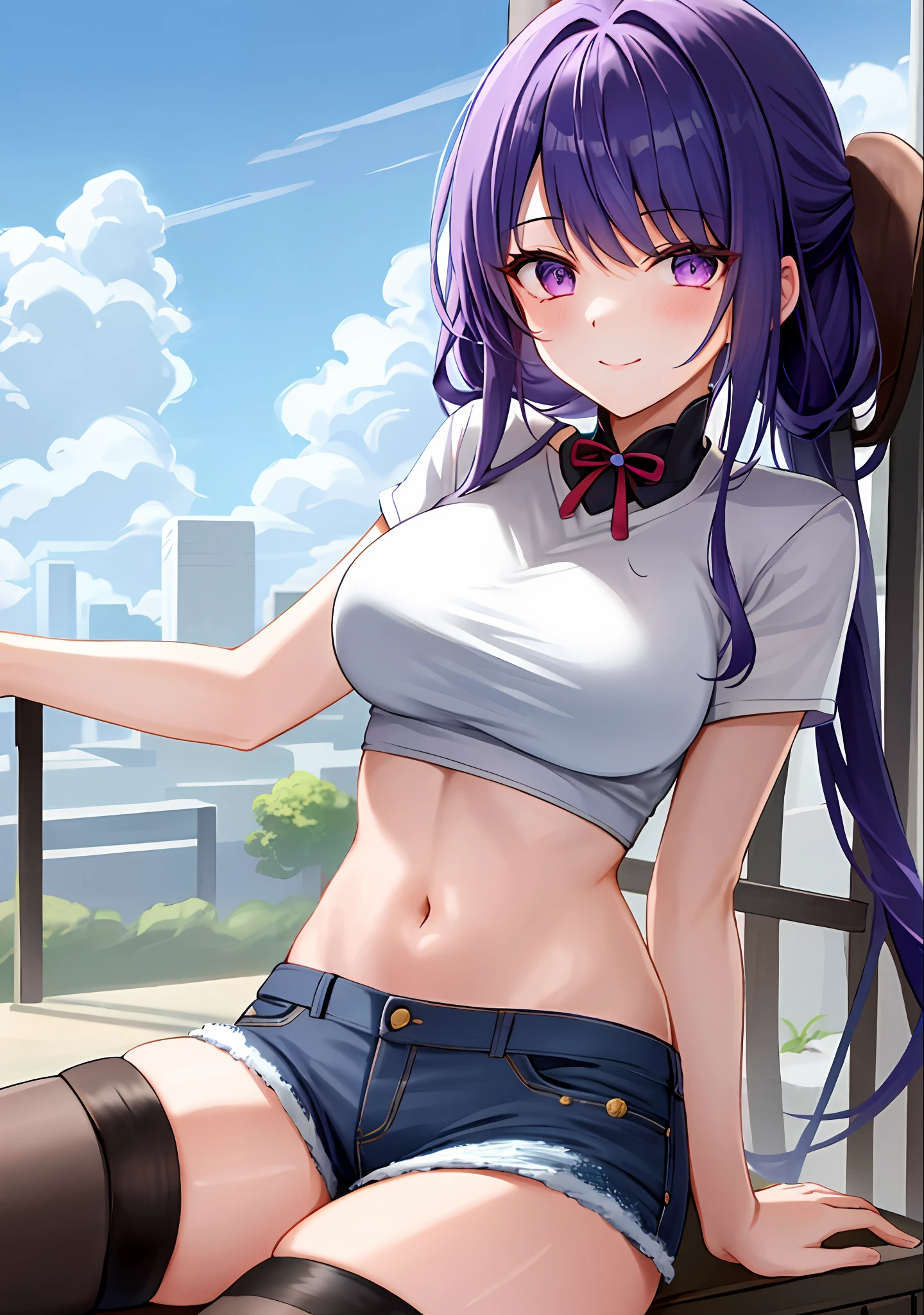 (masterpiece, best quality, ultra-detailed), Raiden shogun \(genshin impact\), (purple hair), cone hair bun, twin tails, long hair, swept bangs, braid, braided bangs, purple eyes, pink eyes,
(wearing a t-shirt:1.2), sitting on a chair outside of caf, embracing the natural beauty, sunlight, beautiful cloudy sky, city, street, denim shorts, black stocking,
medium breasts, thick thighs, critical angle, cowboy shot, arm behind head, arm behind back, armpits, light smile, crop top, strong and seductive expressions,,