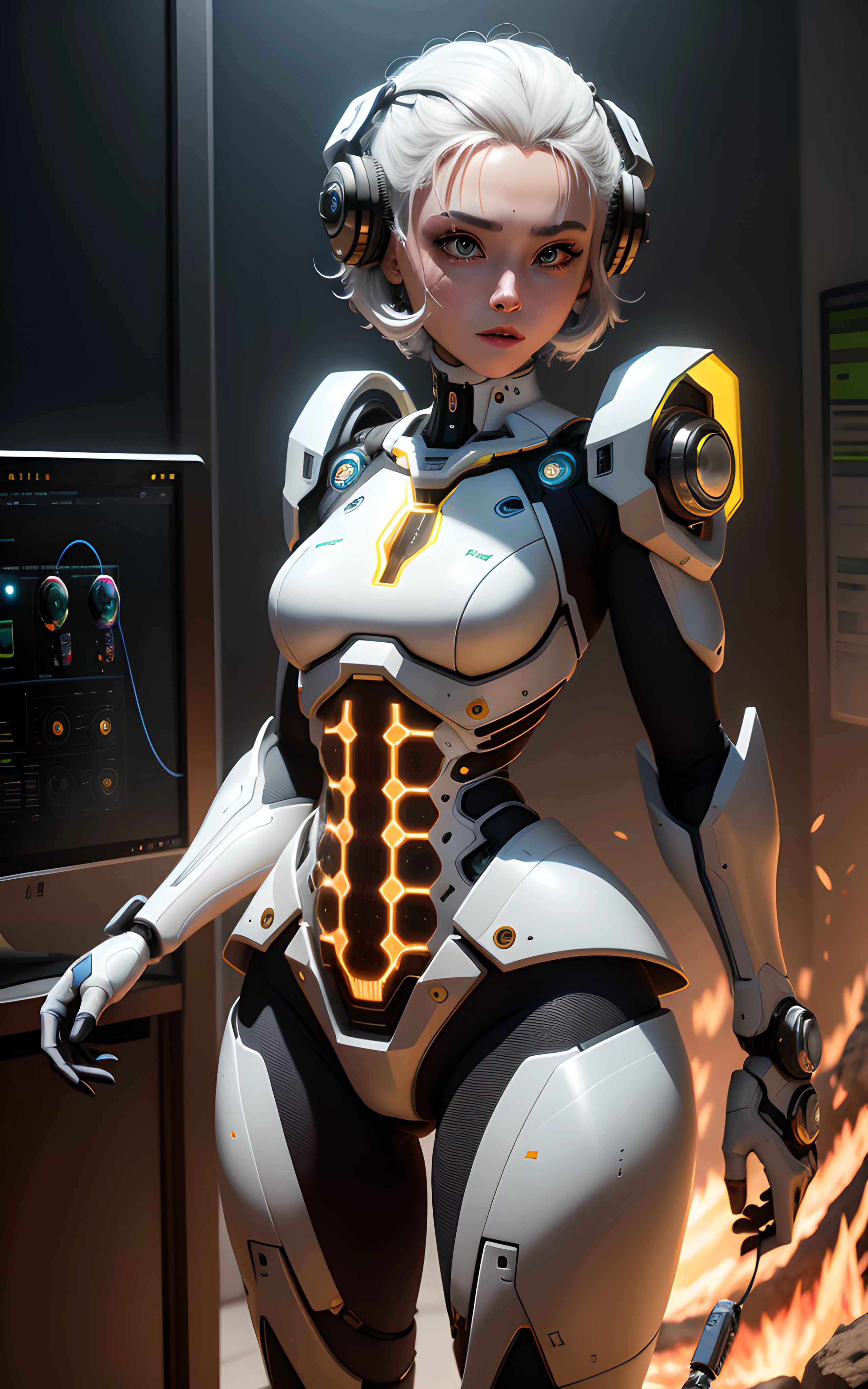 There's a woman in a futuristic suit in front of a fire, menina em mecha cyber armor, em armadura futurista branca, menina ciborgue bonito, sci-fi android feminino, cyborg menina branca bonita, cyberpunk menina anime mech, beautiful robot character design, gynoid cyborg body, androide feminino retrofuturista, mulher ciborgue perfeita do anime, Obra-prima da CGSOCIETY, HDR (High Dynamic Range), Ray Tracing, NVIDIA RTX, Super-Resolution, Unreal 5, Espalhamento subsuperficial, PBR texturing, Post-processing, anisotropic filtering, Profundidade de campo, Maximum clarity and sharpness, Texturas multicamadas, mapas especulares e de albedo, surface shading, Accurate simulation of light-material interaction, perfectly proportions, Octane rendering, dual-tone lighting, ISO baixo, white-balance, rule of thirds, aeratura, 8K RAW, sub-pixel eficiente, sub-pixel convolution, luminescent particles,