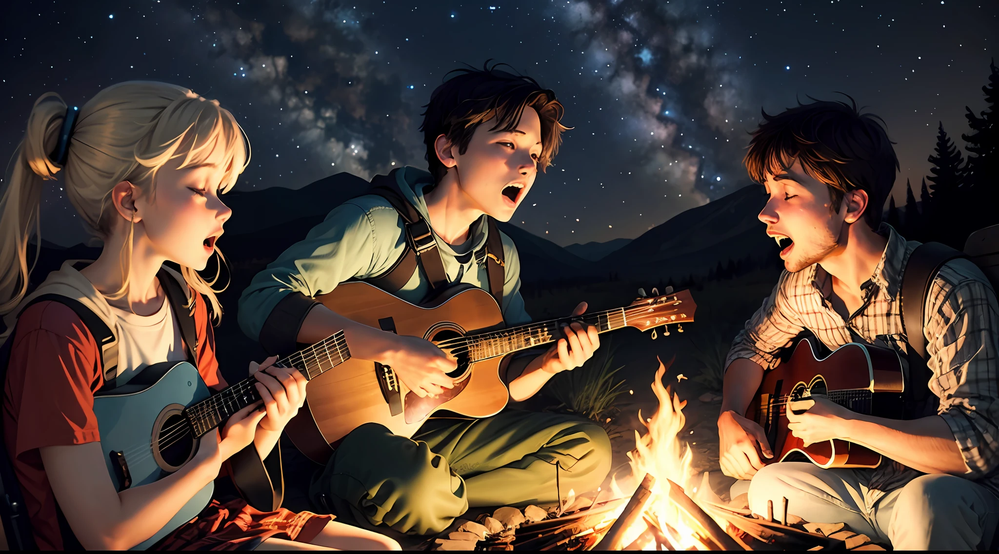 A few buddies sat around the campfire,Sing along with the night sky --auto