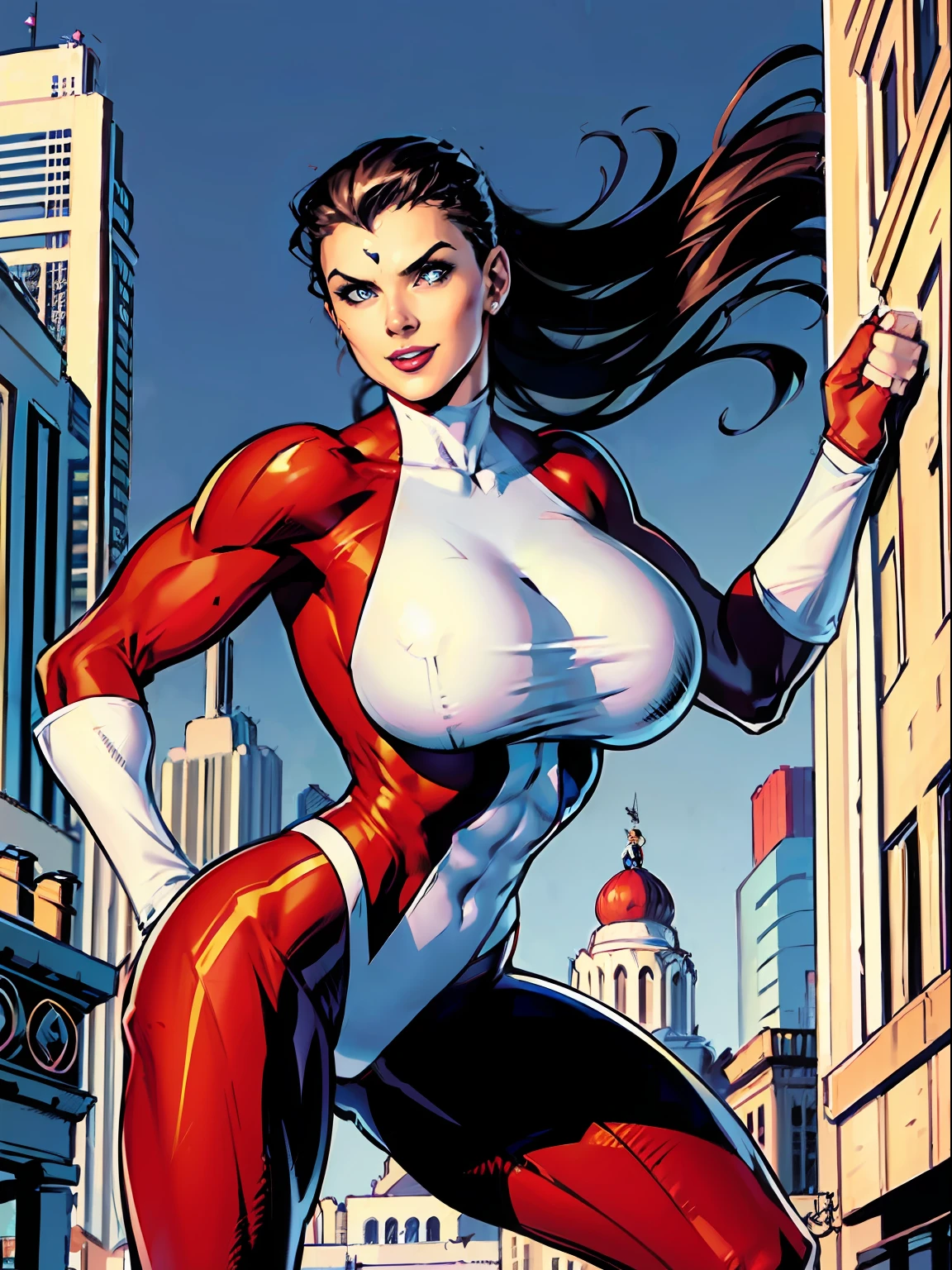 Stretcher comic book woman, happy, smiling, long hair, huge ponytail, athletic, toned, thin, womanly, rubbery, elastic woman, white and red spandex, rubber body, brunette, ((huge breasts)), city street, daytime, heroic, cheerful, boobsandwarlock