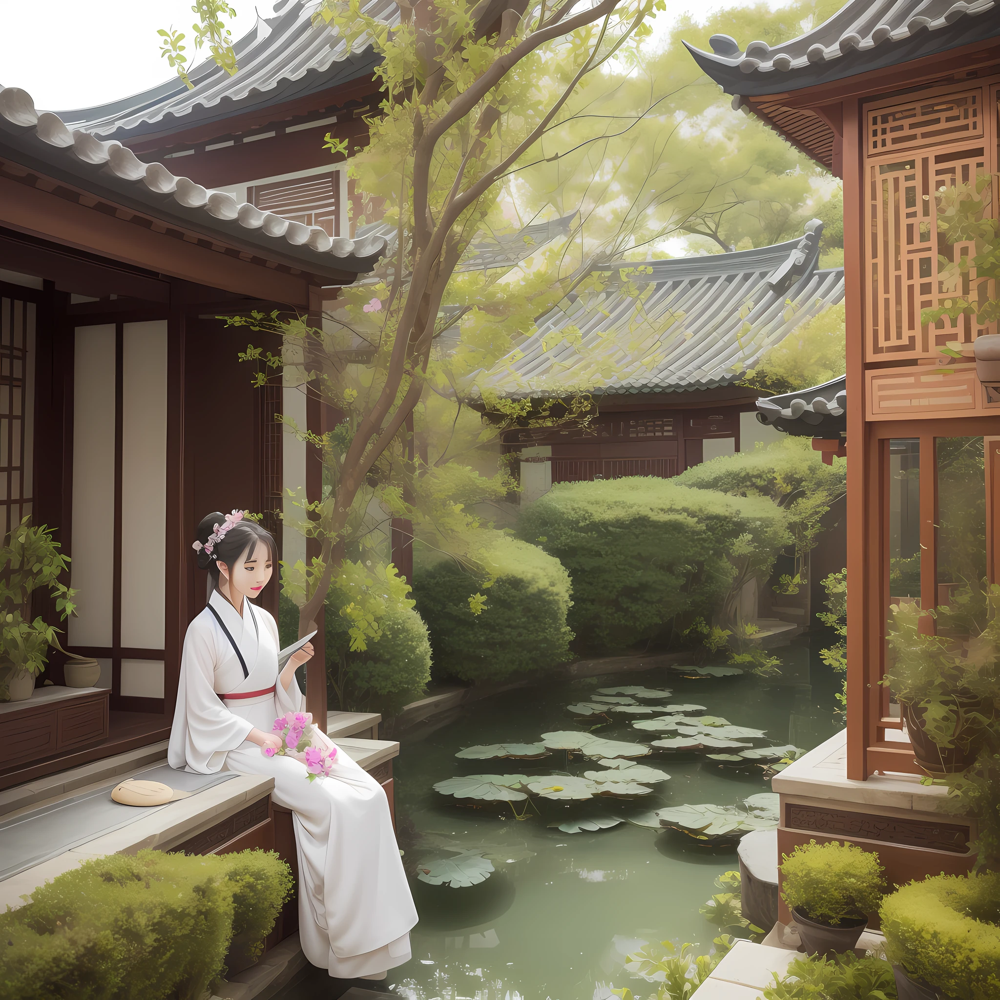 The crescent moon hangs clearly under the eaves、The aroma is everywhere、Lotus flowers bloom、The Hanfu woman carefully admired the flowers、Next to him is a poet who is drawing poetry。