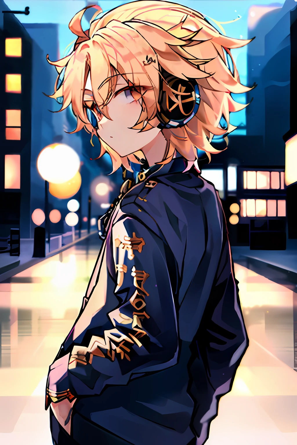 Rebellious teenager，with headphones on，A boy with，handsome，golden hair，the street，zori