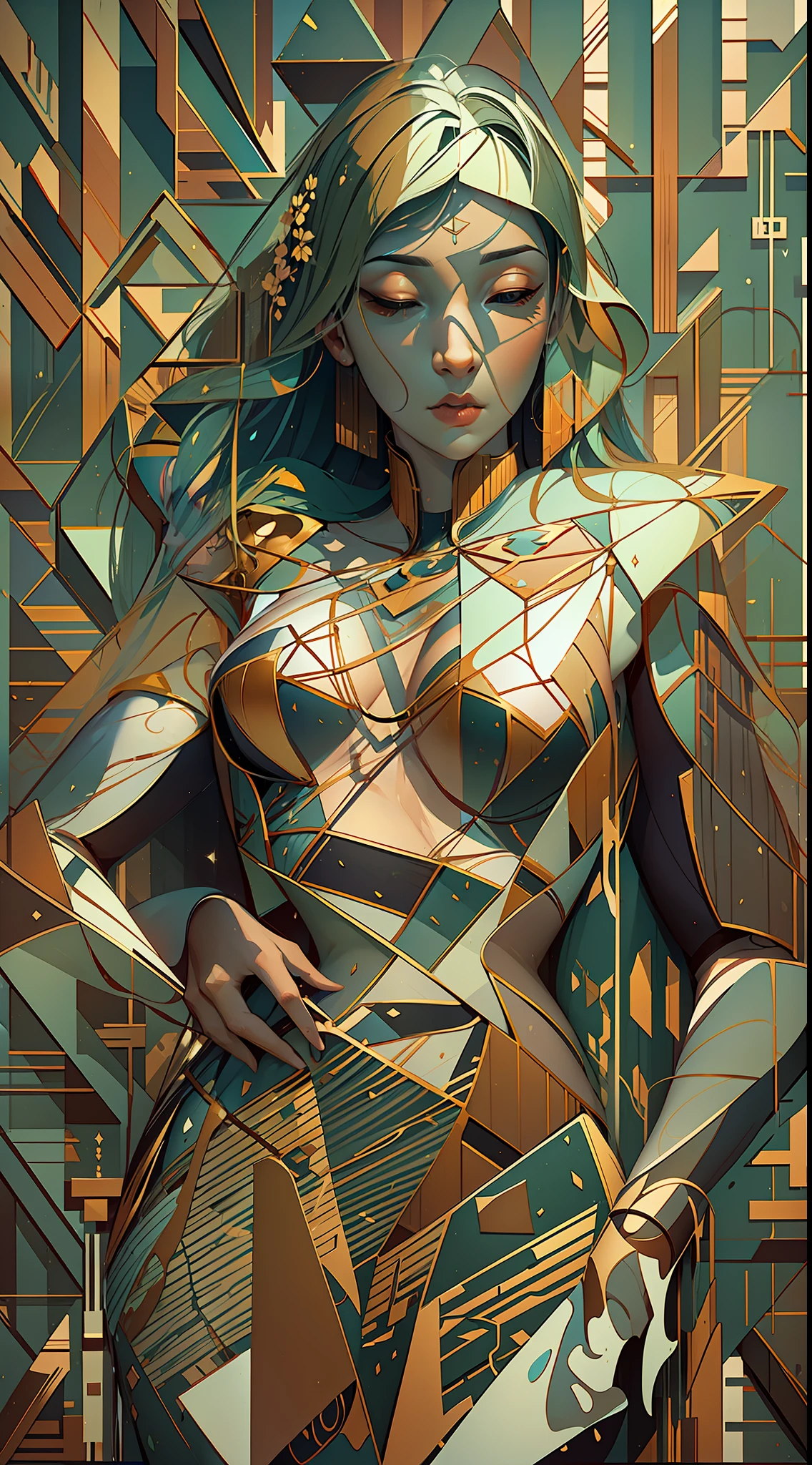 The avatar consists of simple geometric shapes，planar，closeup cleavage，In fantastic installation style，Realistic and imaginative，hang/hang，Multi-layered collage，metals，highlight，Three-dimensional morphology