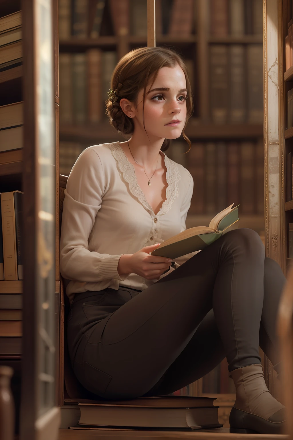 ((Emma Watson)), (she sits in an old library and leafs through a thick book),
Sommersprossen, ((she has small round breasts)),
(kleiner Kopf), ((detailliertes Gesicht)),
Weiches filmisches Licht, ((((Kino-Look)))), (fotorealistisch), (Raytracing), (scharfer Fokus), ((natural realistic skin texture)),
detailliertes Gesicht, detaillierte Lippen, detaillierte Augen, doppeltes Augenlid, (((bottom_view))