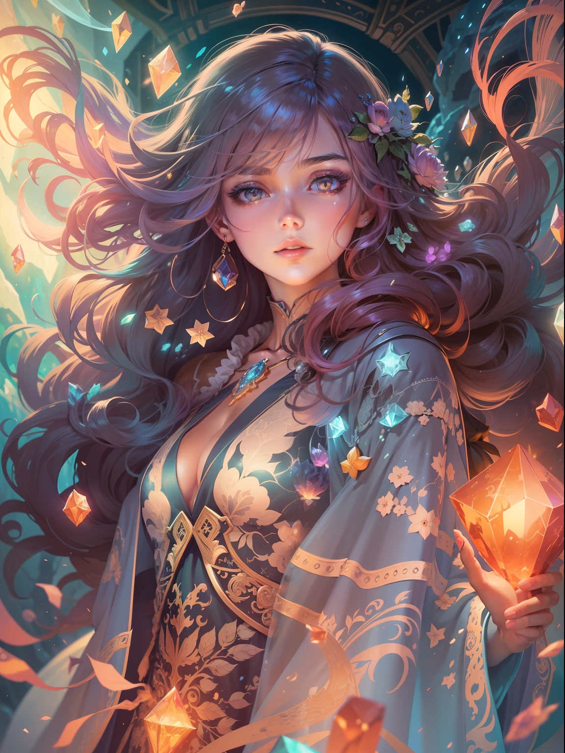 extremely detailed illustration of gorgeous woman with robes, backlit, highly illuminated, colorful crystal, floating hair, closeup, visually rich, manga, whimsical, JRPG, enchanting, emotionally evocative, detailed environment, fantastical, imaginative, visually rich, atmospheric, zoomed, flat lighting, 2d, cartoon, vector, rocks, ink strokes by MSchiffer