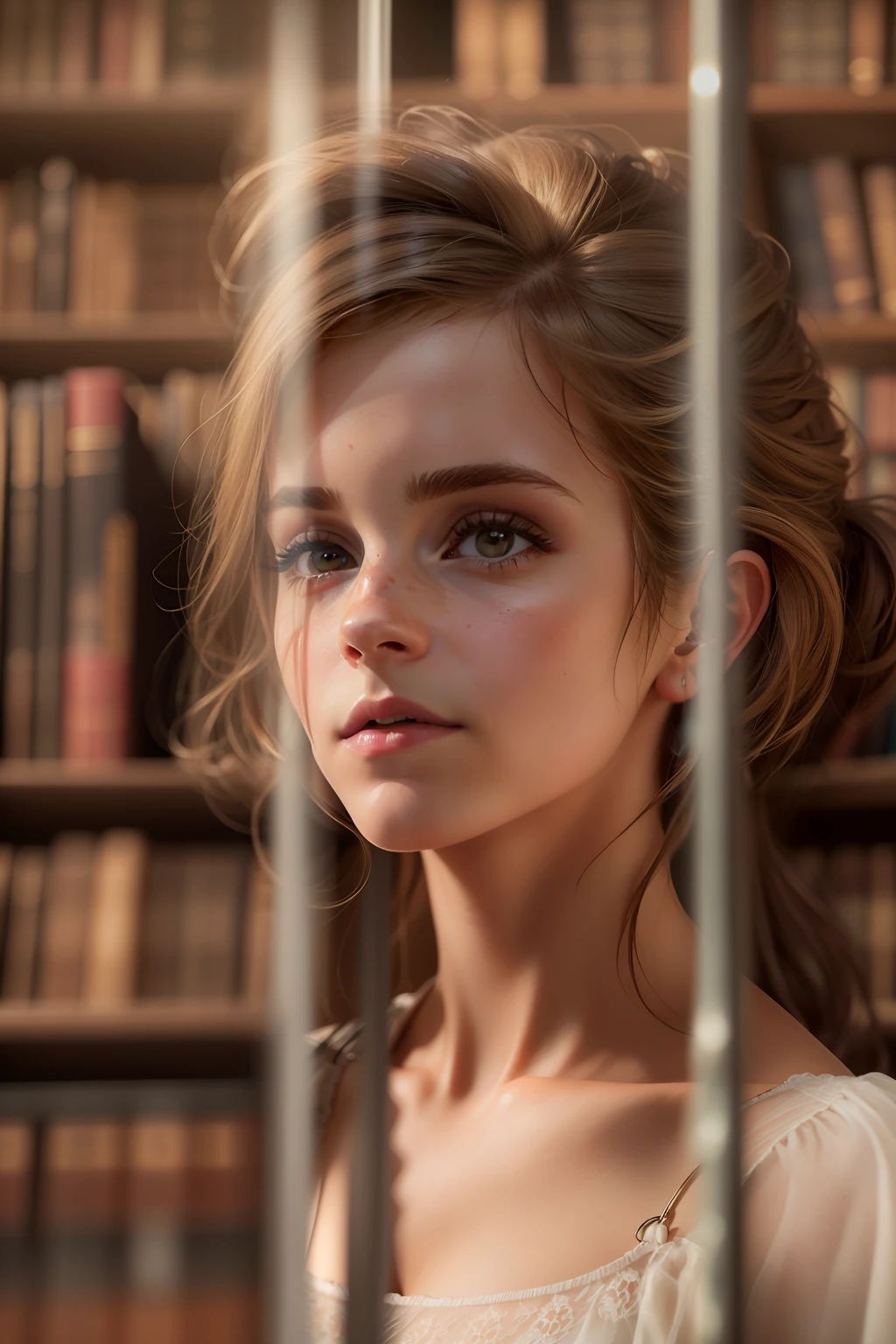 ((Emma Watson)), (she sits in an old library and leafs through a thick book),
Sommersprossen, ((she has small round breasts)),
(kleiner Kopf), ((detailliertes Gesicht)),
Weiches filmisches Licht, ((((Kino-Look)))), (fotorealistisch), (Raytracing), (scharfer Fokus), ((natural realistic skin texture)),
detailliertes Gesicht, detaillierte Lippen, detaillierte Augen, doppeltes Augenlid, (((bottom_view))