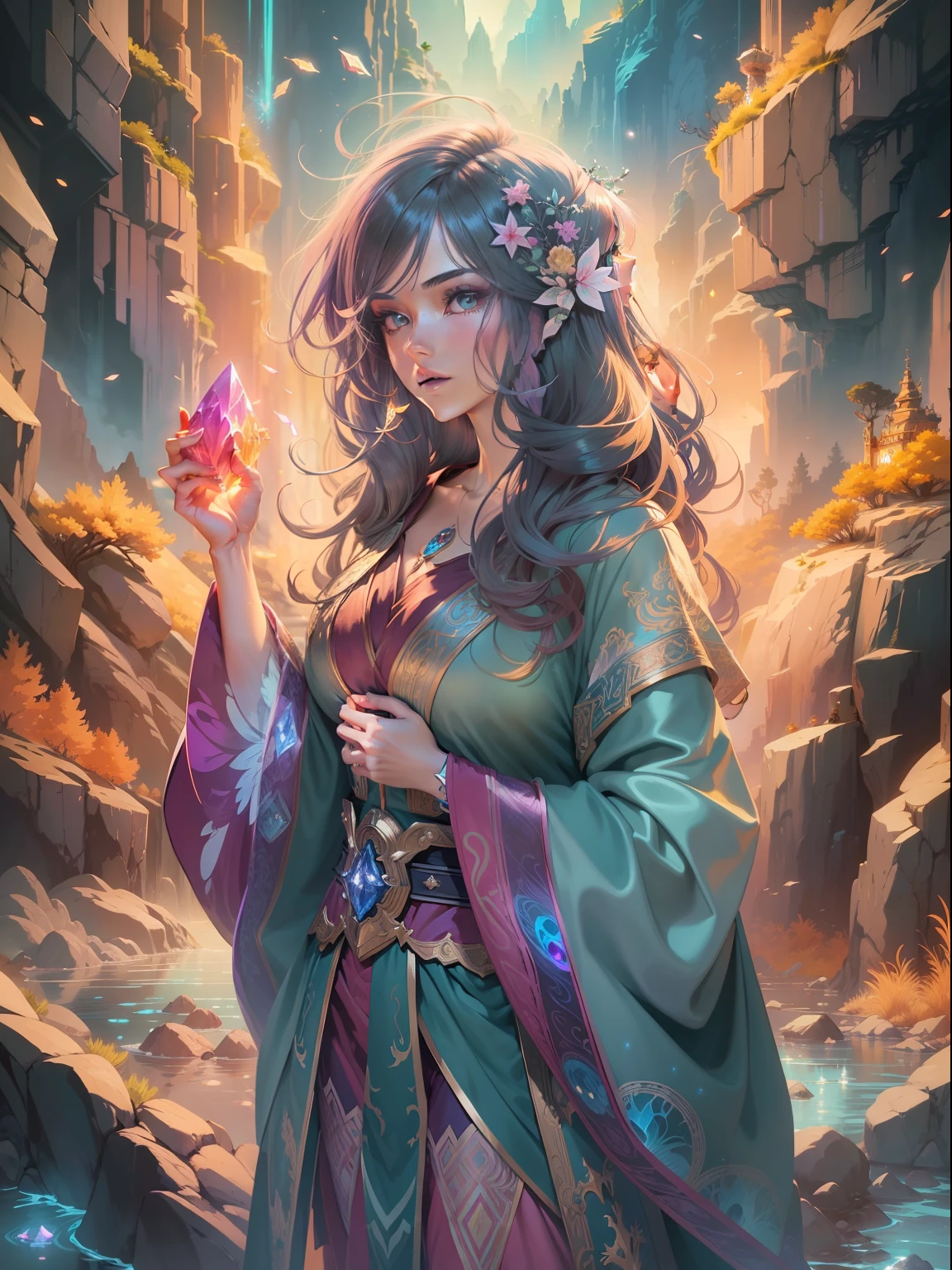extremely detailed illustration of gorgeous woman with robes, backlit, highly illuminated, colorful crystal, floating hair, closeup, visually rich, manga, whimsical, JRPG, enchanting, emotionally evocative, detailed environment, fantastical, imaginative, visually rich, atmospheric, zoomed, flat lighting, 2d, cartoon, vector, rocks, ink strokes by MSchiffer