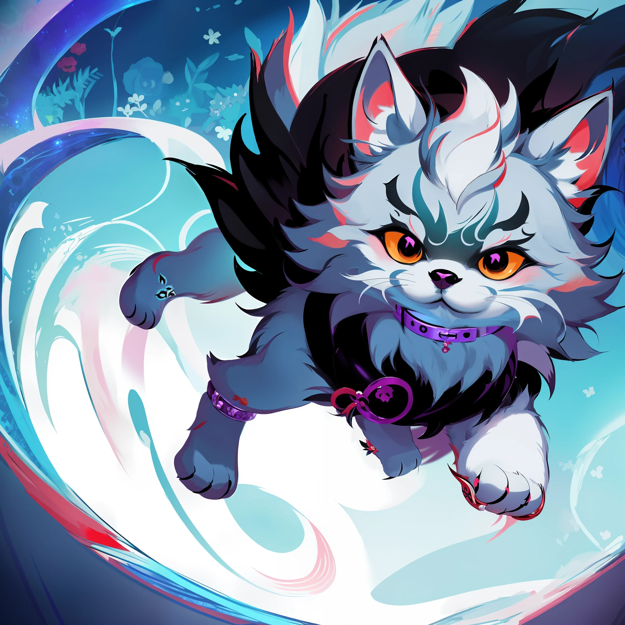 Anime cat with collar and collar around its neck, fursona art, Onmyoji detailed art, league of legends art style, Official Splash Art, hypdertailed, world boss kitten, fox from league of legends chibi, fursona furry art commission, Furry art!!!, league of legends style art, ahri, onmyoji, very very beautiful furry art