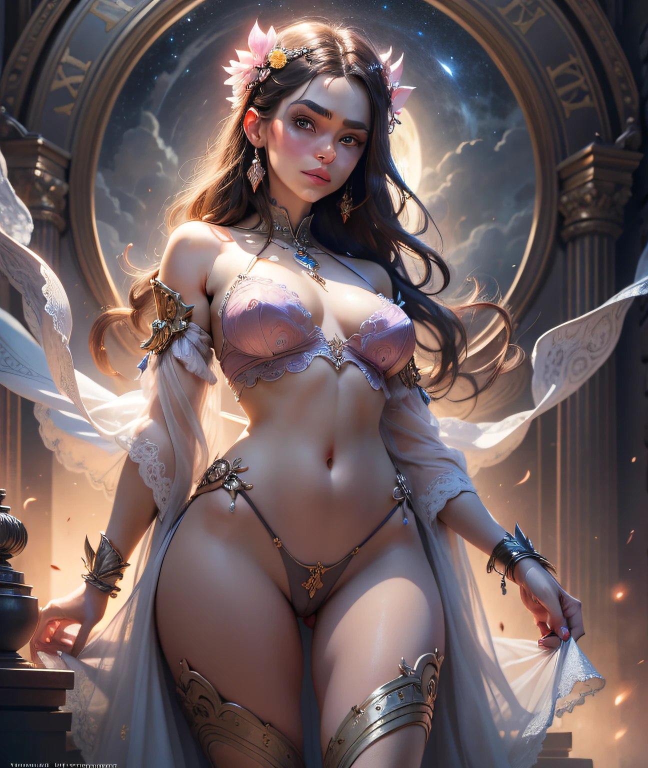 full body, masterpiece, best quality, (extremely detailed unity 8k CG wallpaper), (best quality), (best illustration), (best shadow), absurdities, realistic lighting, night, darkness, giant, Goddess, Ancient Goddess, Aphrodite, deity, glorious pose, night, moon, beautiful detailed brightness, luminous background glow,A masterpiece ultrarealistic ultra detailed full body portrait of a very beautiful Barbarian girl, massurrealism. medium shot, intricate, elegant, sexy, revealing, by stanley artgerm lau, wlop, rossdraws, james jean, andrei riabovitchev, marc simonetti, light by julie bell, ismail inceoglu, porcelain skin. global illuminatio,transparent clothes,open pants buttons showing pubic hair, perfect vaginal shape,small breasts, small breasts, peeping pink peeps,(masterpiece), floating vintage clock, exposed small breasts, visible pubic hair, view from below, floating antique clock, cloudy night sky storm, sunset red clouds storm cloudy, rough sea, psychedelic waves, skin and clothes wet with water, drops of water, floating bubbles, magical lights,face by tom bagshaw art station,, Moon Goddess, Full Length Figure, Contemptuous Gaze, Detailed Face, (Naked: 1.4), (See-Through Lingerie: 1.3),Transparent clothing, slight smile,Jean-Baptiste Monge style, bright, beautiful , splash, Glittering , cute and adorable, filigree, , rim lighting, lights, extremely , magic, surreal, fantasy, digital art, , wlop, artgerm,perfect female body close-up, full body, visible vaginal hair, pink pesones, transparent clothes