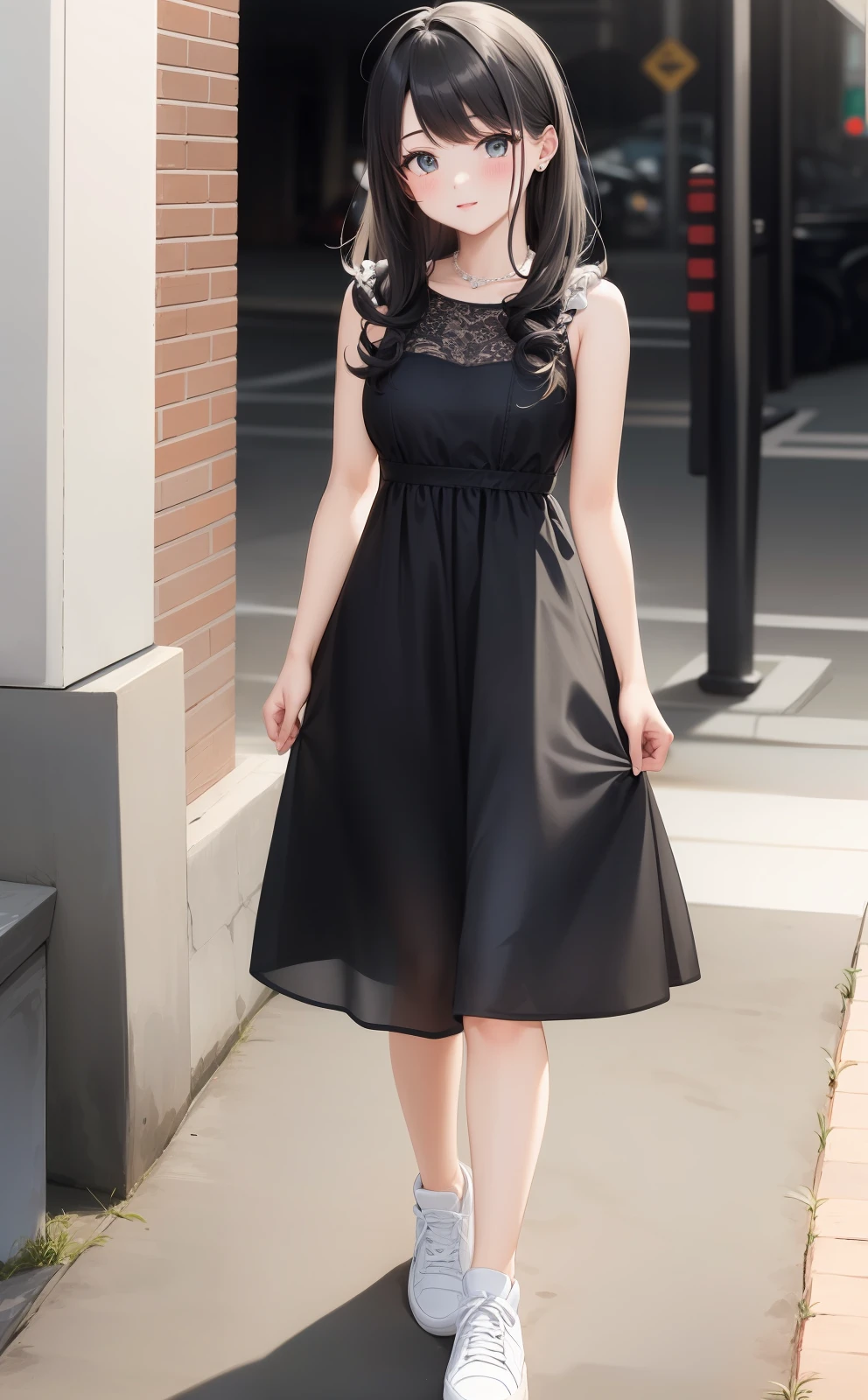 White dark dress，Long curly hair，black color hair，youthfulenergy，White sneakers