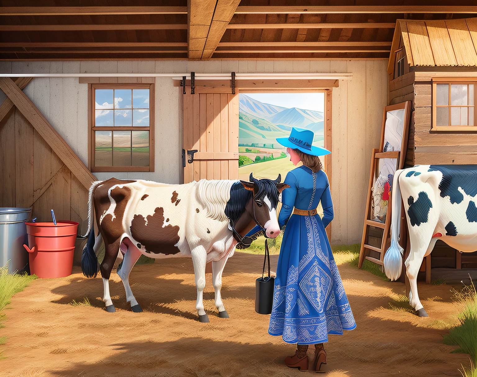 a woman in a barn with a cow and a dog, clean ink detailed line drawing, line - art, extremely fine ink line art, coloring book outline, perfect pen and ink line art, stylized linework, coloring book page, highly detailed linework, published art, very fine inking line
