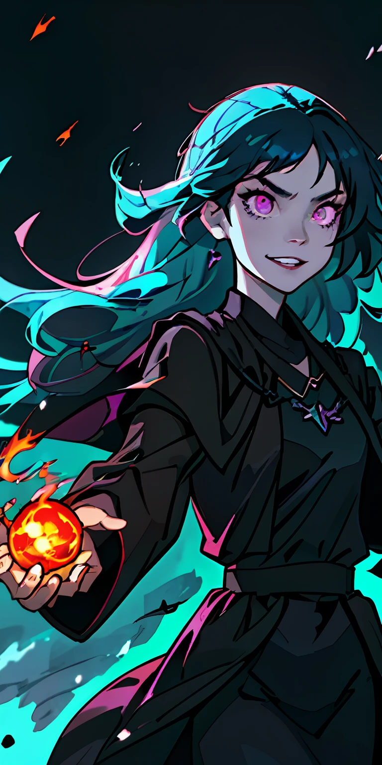 (masterpiece, best quality) 1 girl, teal hair, black robes, black clothing, onyx necklace, spellcaster, holding a fireball, black makeup, black magic, evil grin, dark violet eyes, violet electricity in background, cavern