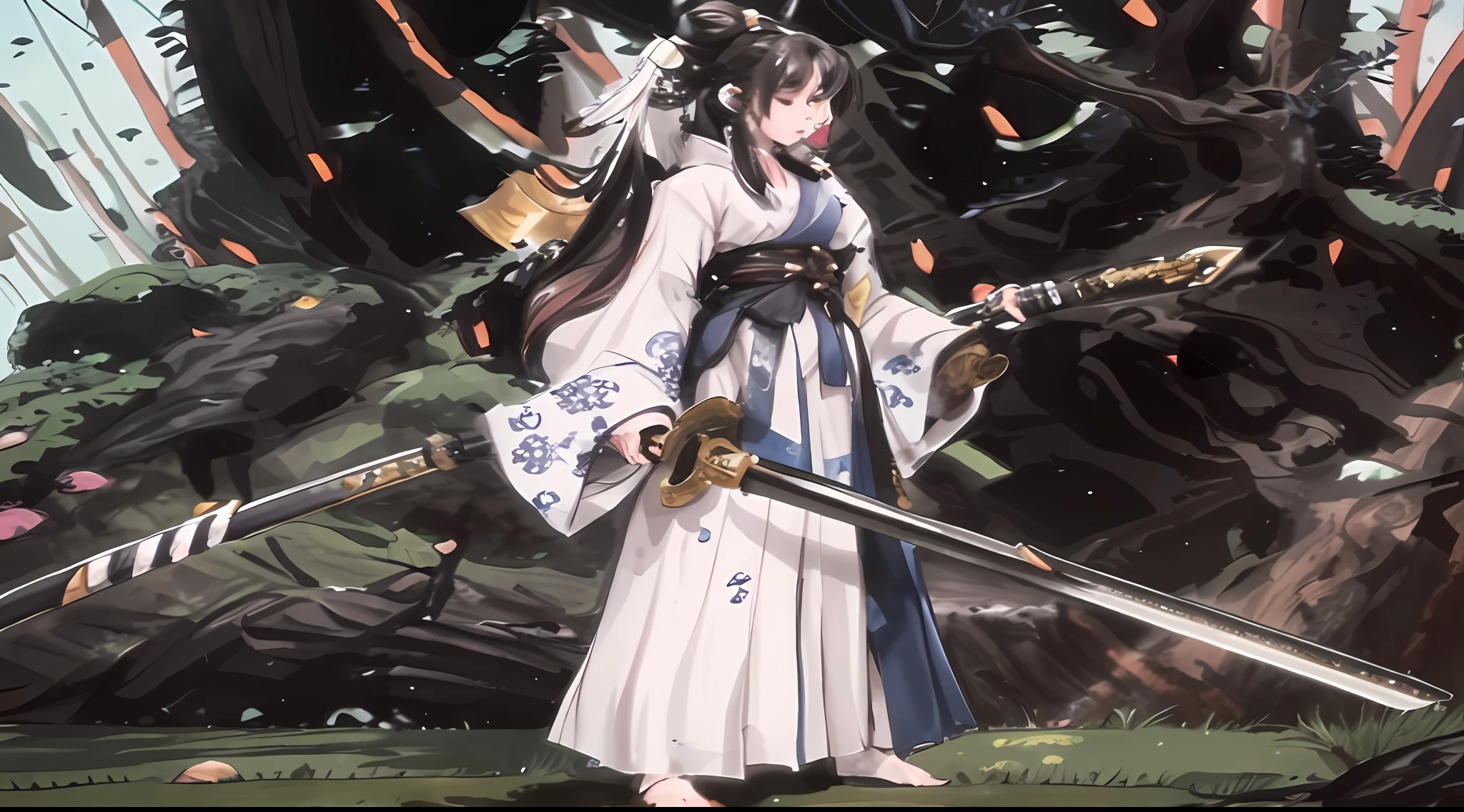Anime girl shuttles through dense forest with two swords in hand,Detailed artistic images in the Onmyoji style,Full body martial arts attire,Highlight close-ups of the Onmyoji's portrait,Take 2.A fantastical work of art created by 5D CGI technology,A fusion of traditional Japanese concept art,References to the elements of impact and nakari in Genshin,The fox believer is armed with a long-handled weapon,In contrast to female samurai。