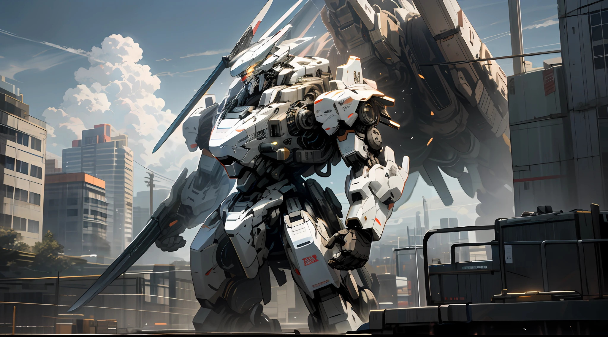 sky, cloud, holding_weapon, no_humans, glowing, , robot, building, glowing_eyes, mecha, science_fiction, city, realistic,mecha