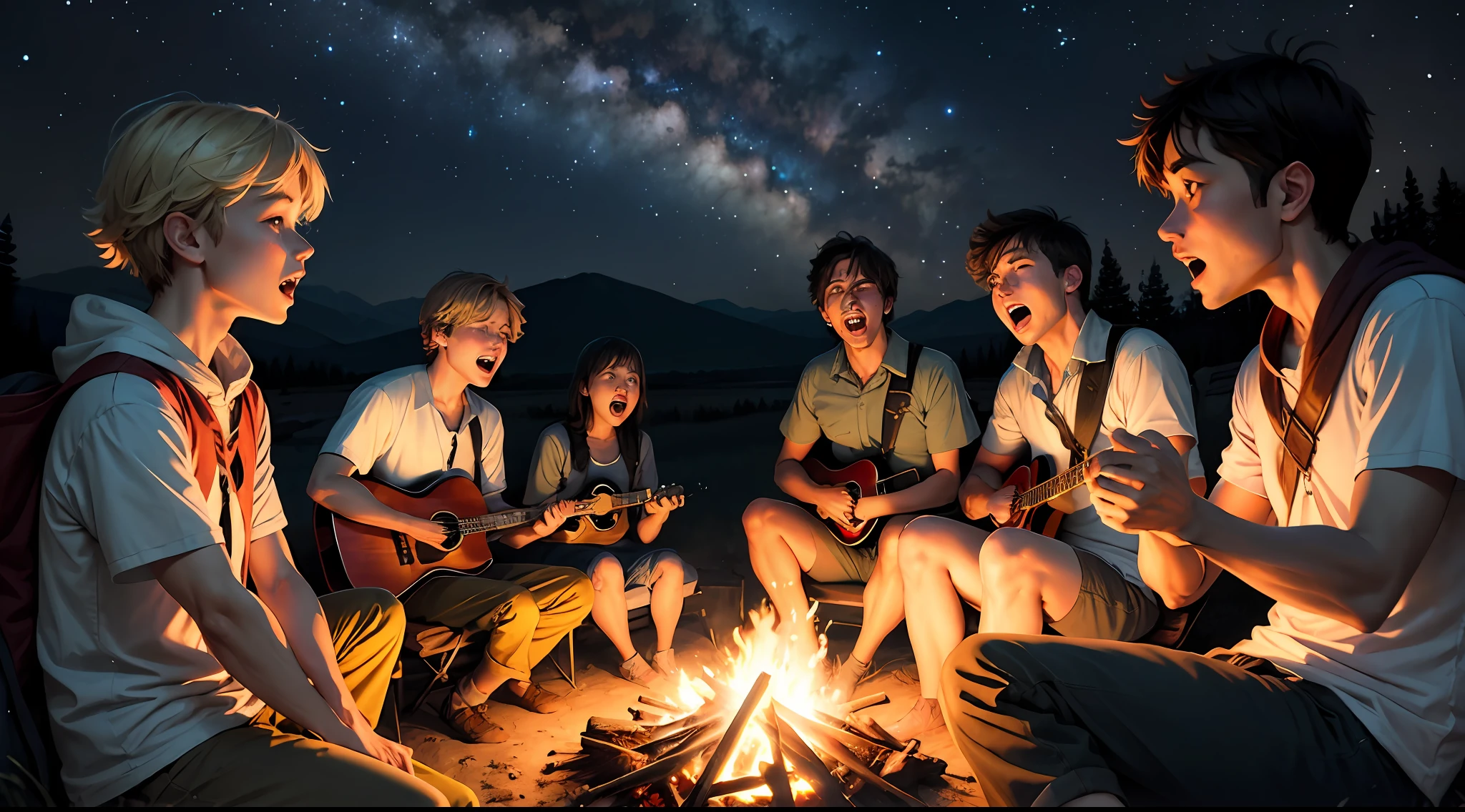 A few buddies sat around the campfire,Sing along with the night sky --auto