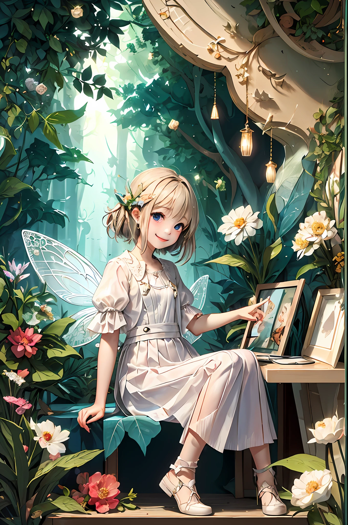 Welcome to the unknown、A little fairy will guide you、kindly smile、Beautiful girl with a sense of transparency、beautiful fairies、small ears、fly about、laugh、the woods