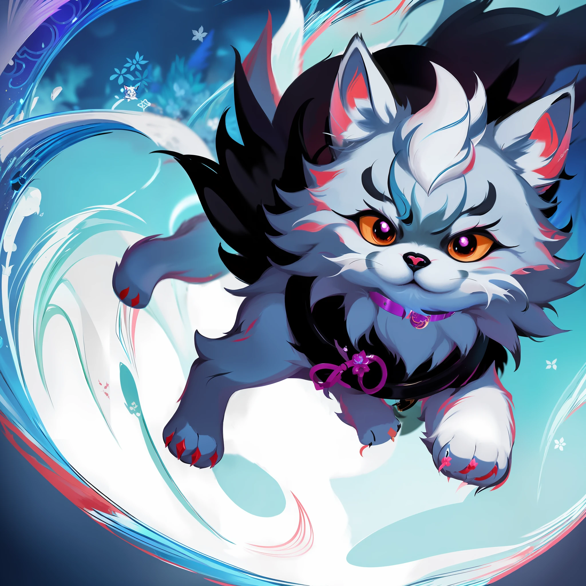 Anime cat with collar and collar around its neck, fursona art, Onmyoji detailed art, league of legends art style, Official Splash Art, hypdertailed, world boss kitten, fox from league of legends chibi, fursona furry art commission, Furry art!!!, league of legends style art, ahri, onmyoji, very very beautiful furry art