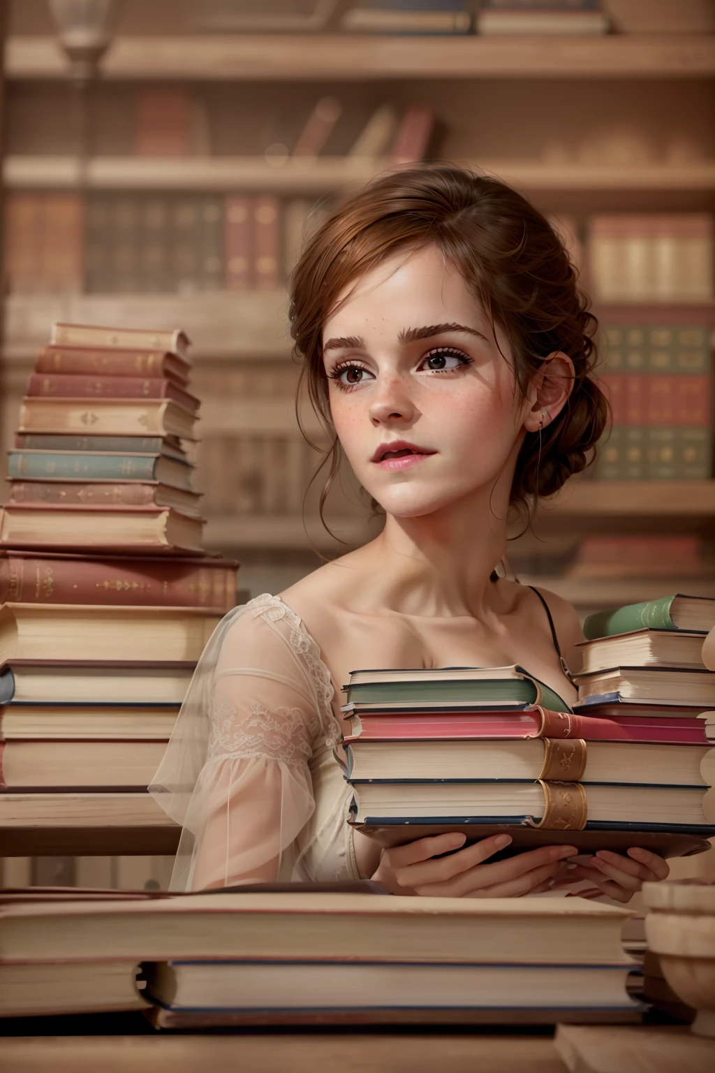 ((Emma Watson)), (she sits in an old library and holds a thick book), Sommersprossen, ((she has small round breasts)), (kleiner Kopf), ((detailliertes Gesicht)), Weiches filmisches Licht, ((((Kino-Look)))), (fotorealistisch), (Raytracing), (scharfer Fokus), ((natural realistic skin texture)), detailliertes Gesicht, detaillierte Lippen, detaillierte Augen, doppeltes Augenlid, (((side_view_perspective)), ((DDbitlip))