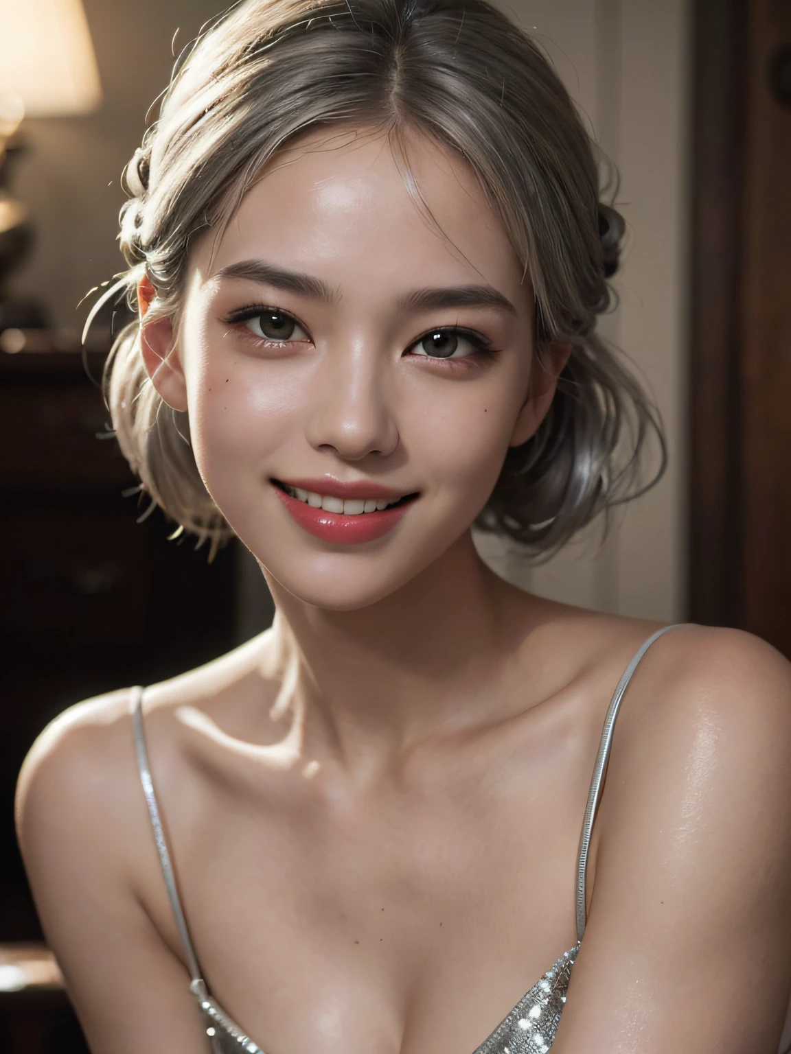 Best quality, masterpiece, ultra high res, (photorealistic:1.4), raw photo, 1girl, silver hair, Formal Updo,shiny skin, dramatic lighting,(smile:1.2)