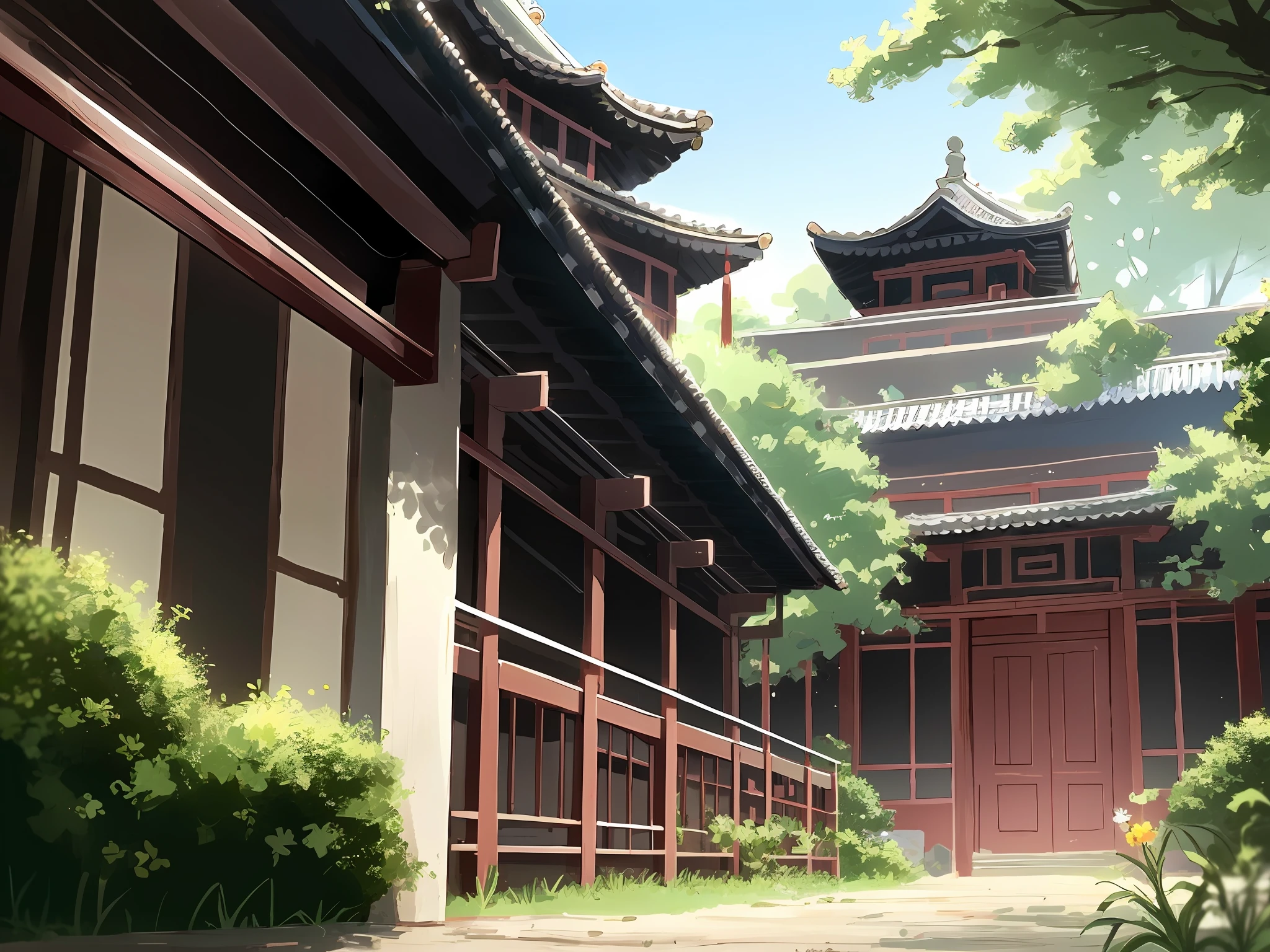 There was a bird standing on a fence next to a tree, magpie, Red city walls，Palace Museum，green trees，Chinese style buildings，classical，big breasts beautiful