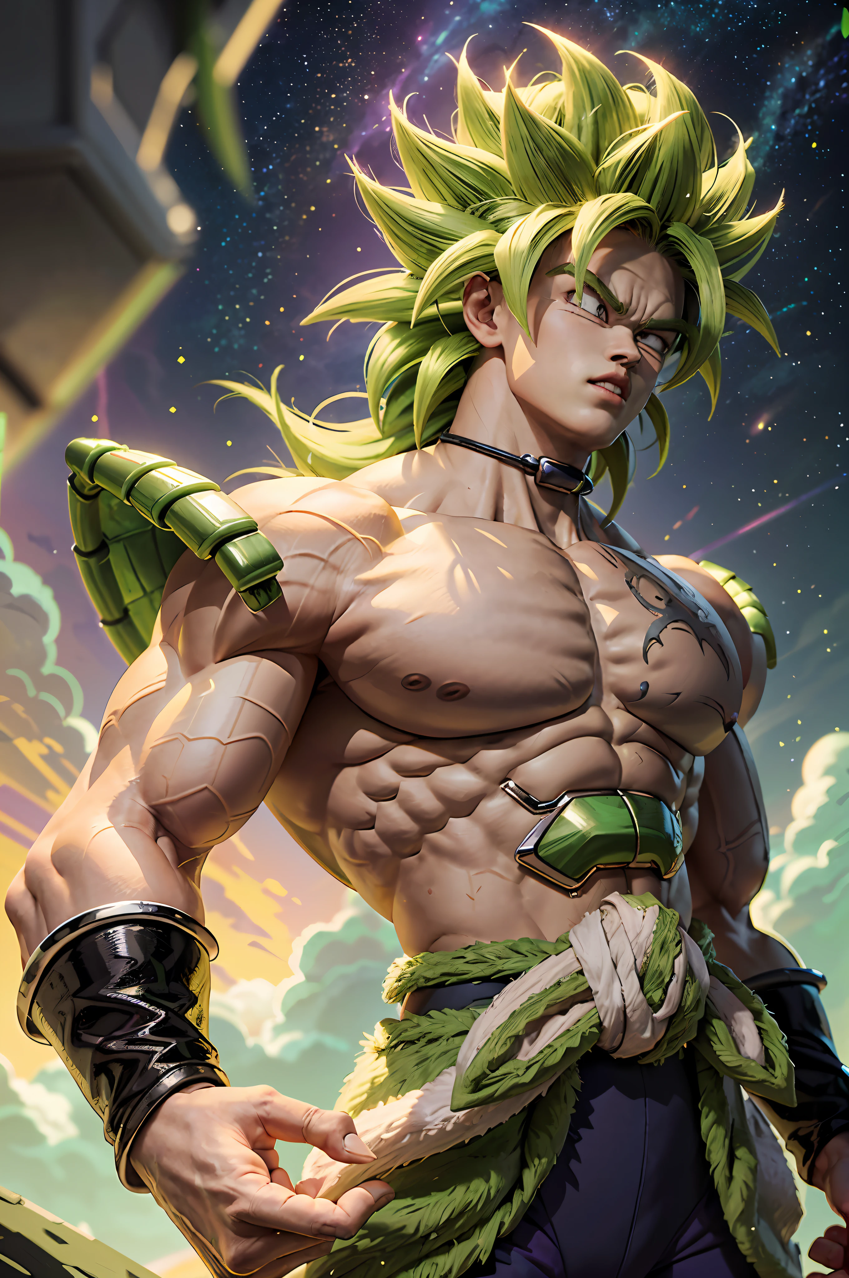 Broly from Dragon Ball Super, 1boy, closed mouth, male focus, muscular, muscular male, standing alone on Namek, sash, serious, solo, spiked hair, ultra instinct, ((masterpiece)), erotic, sexy male Waifu, photorealistic anime realism trending on civitai perfect composition perfect render innovative design dynamic angle perfect pose perfect body perfect face perfect hands perfect fingers perfect, signature Broly outfit, Dragon Ball style environment, realistic background, detailed background detailed outfit perfect nails, highest resolution