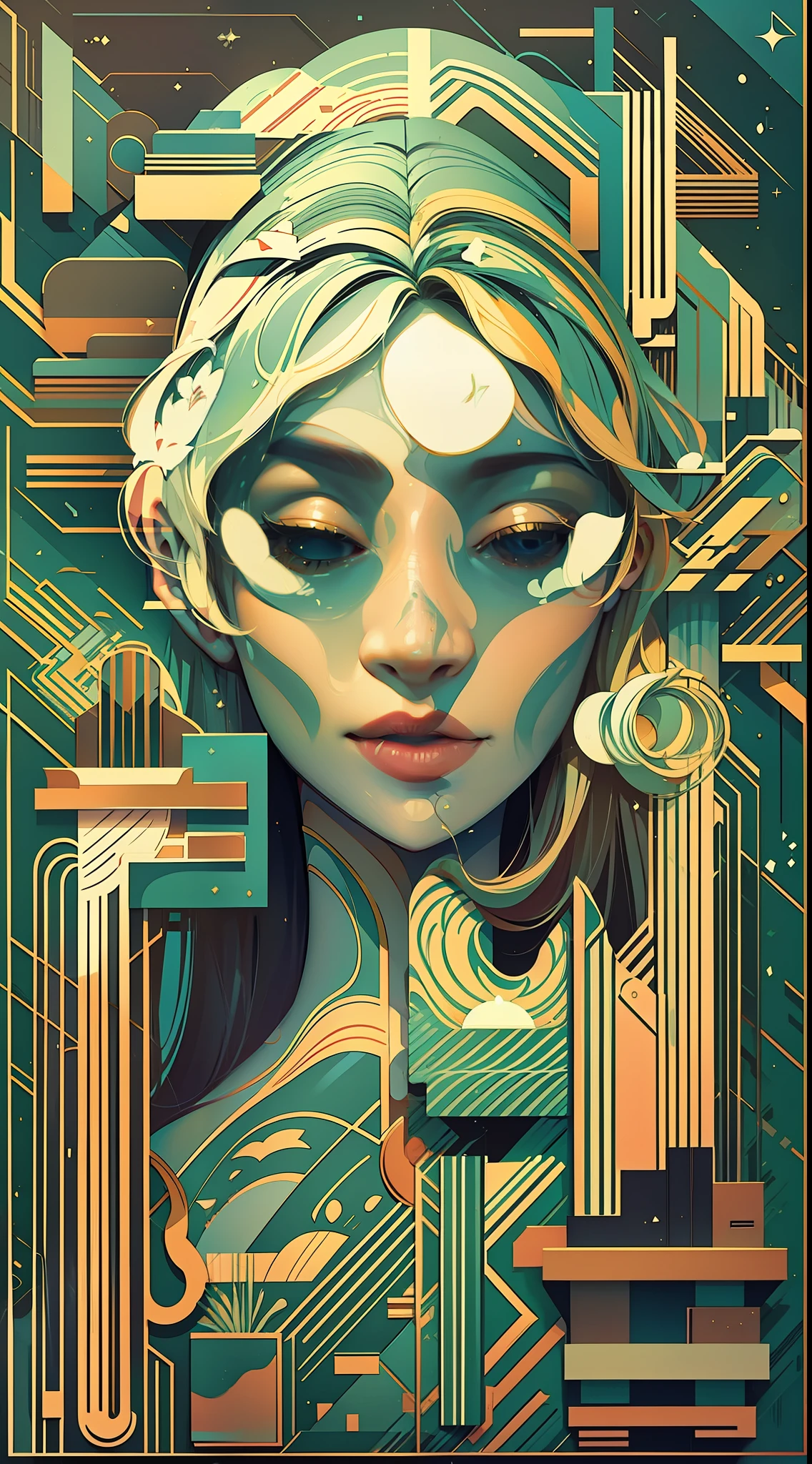 The avatar consists of simple geometric shapes，Graphic illustration，closeup cleavage，Fantastic installation style，Realistic and imaginative，pegging/pegging，Multi-layer collage
