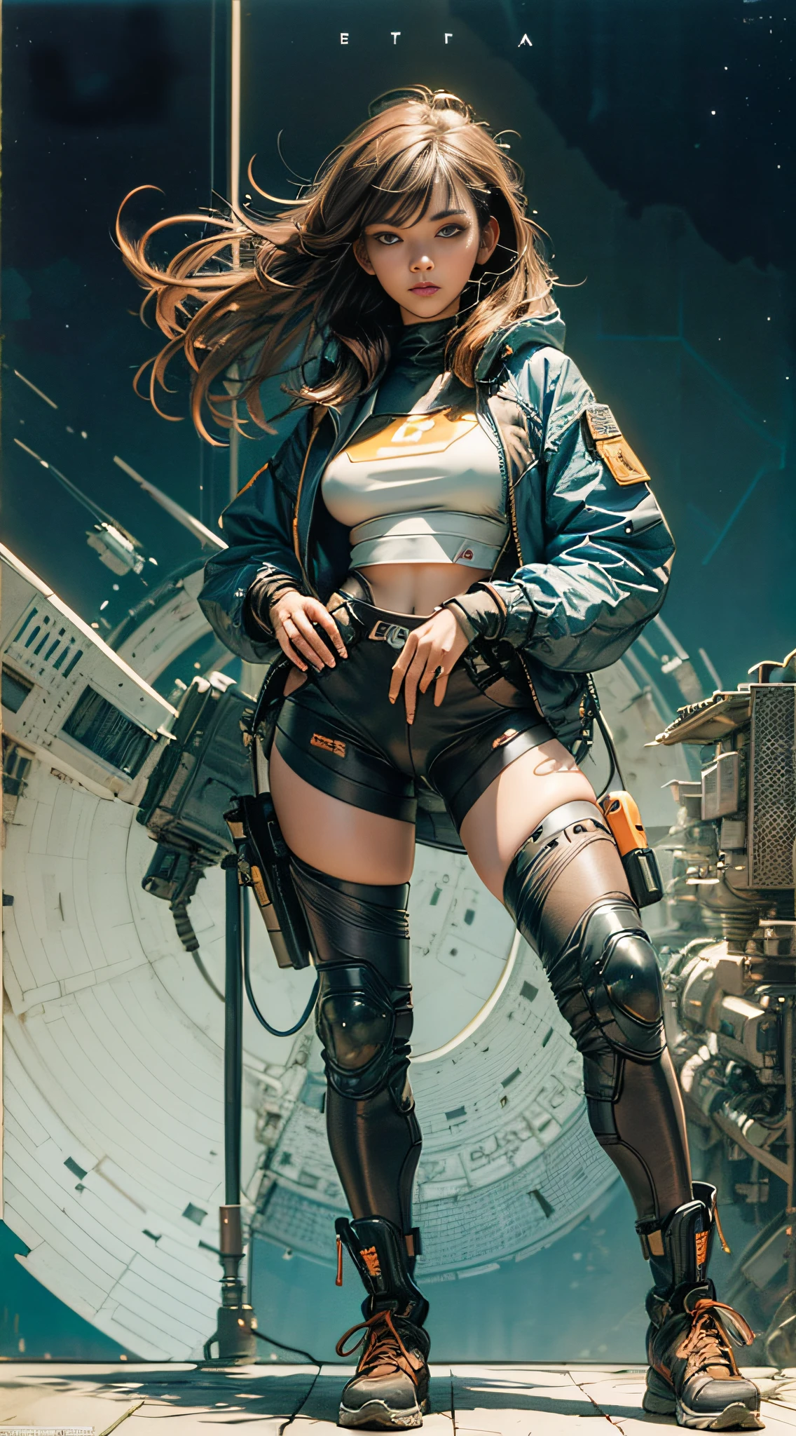 1monk warrior girl with blue orange techwear clothes, Long brown hair, shoelace, Vintage Scifi Background Abstract, Art by Moebius, Art by Ashley Wood