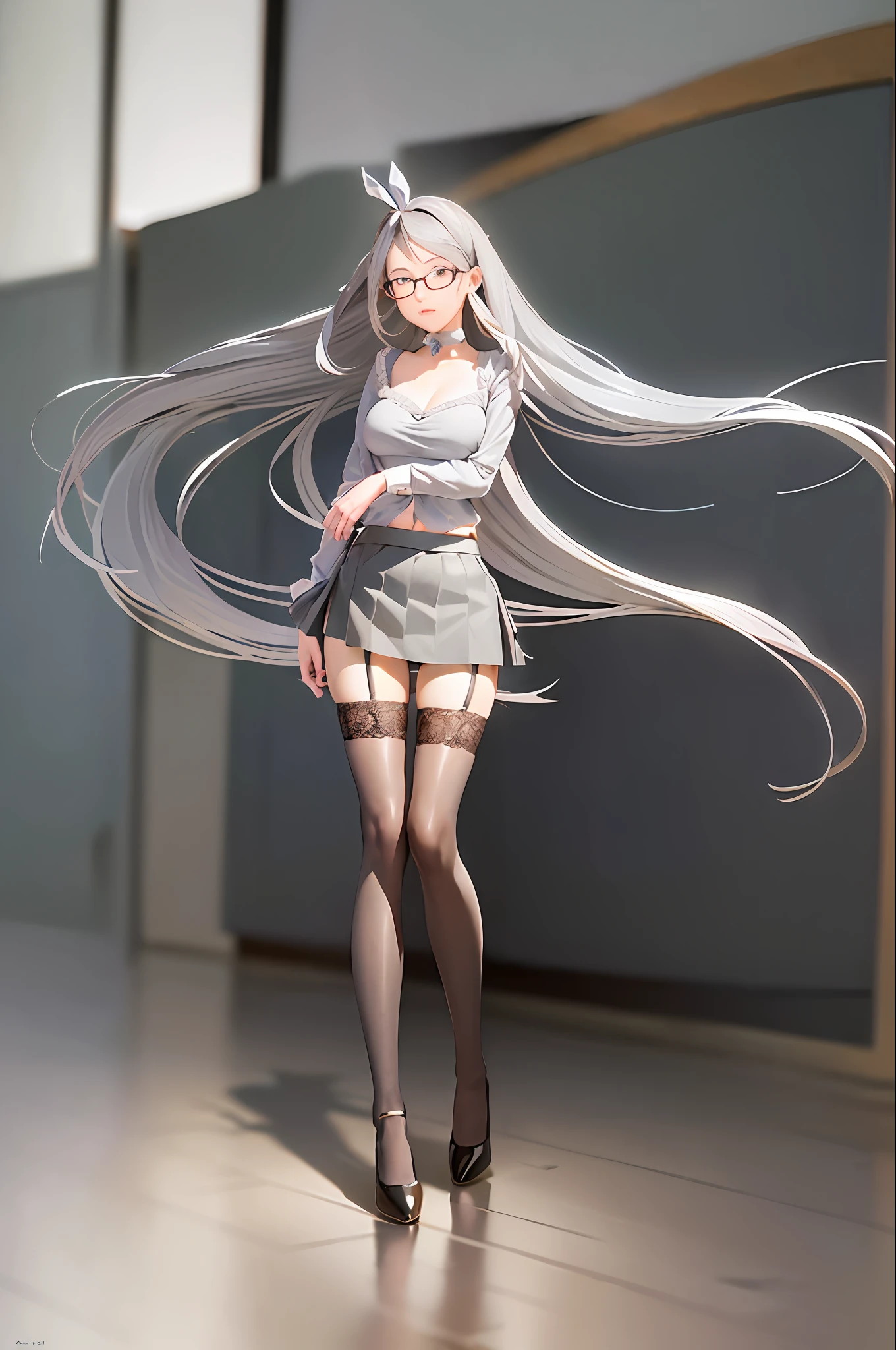 (Masterpiece), Best quality, ((1girll)), Leaning forward, ((Very long gray hair:1.5)), High ponytail, extremely giant breasts, Hanging breasts, cleavage, Narrow waist, ((ribbon:1.2)), Wearing glasses, ((ultra short skirt:1.5)), choker necklace, Very small shirt, Transparent shirt, ((White skirt:1.2)), ((The skirt was blown away)), ((Mini tight skirt: 1.5)), ((full body:1.5)), High heels, Garters, ((Lace stockings:1.2)), ((Long and slender legs)), Beautiful legs,Erotic,Seductive pose, ((show underwear, Show panties:1.2))，accidental exposure, Expose breasts,((standing:1.2)), ((Front Shooting)), Slender figure，（business suits :1.5）,up front view， mini-skirts，