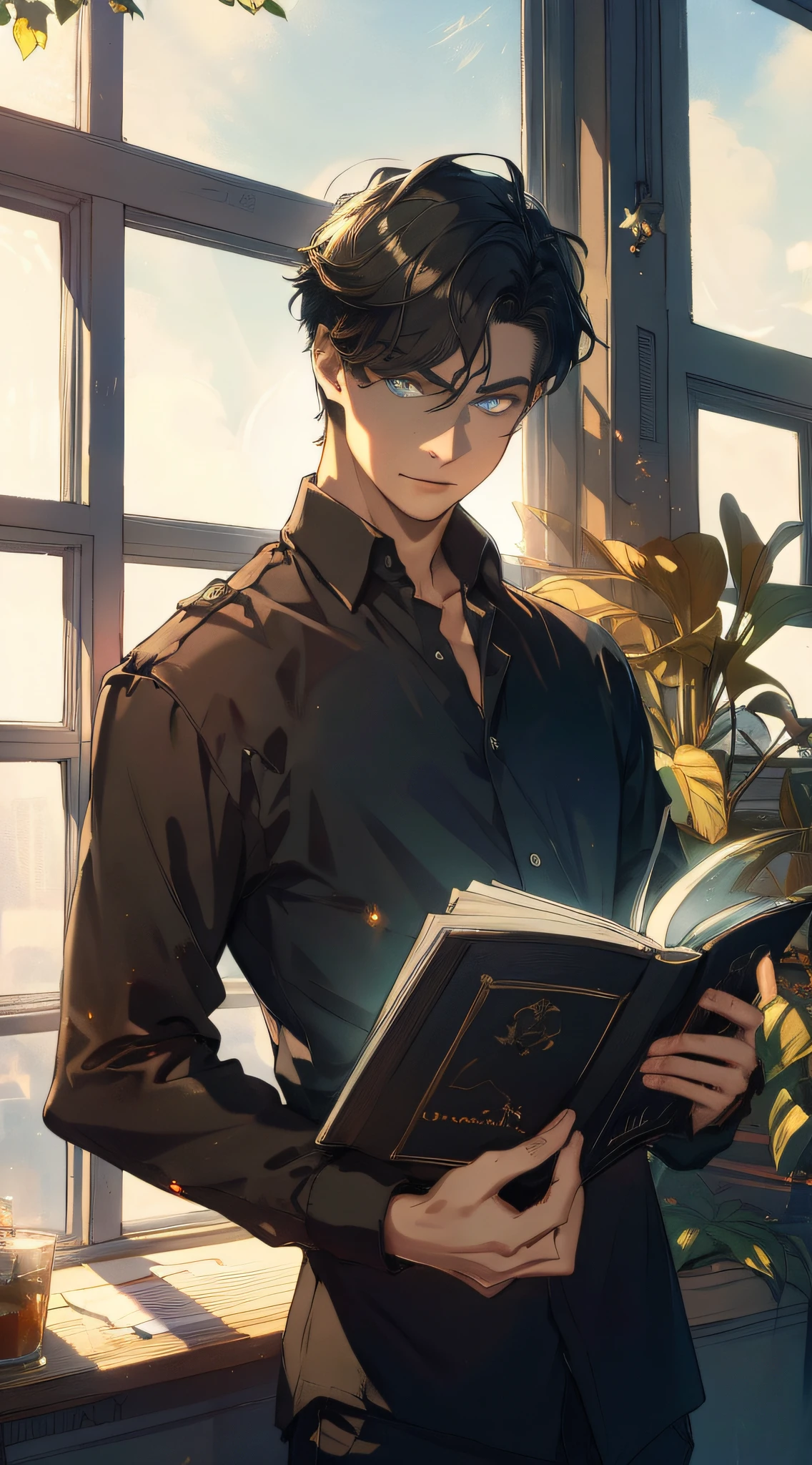 Realistic, (Best quality, Masterpiece:1.3),
1boy,Solo, Reading,
hair black, Bright pupils, Short hair, hair slicked back,black long sleeve shirt,
Study, near a window, well-illuminated,
fansty world