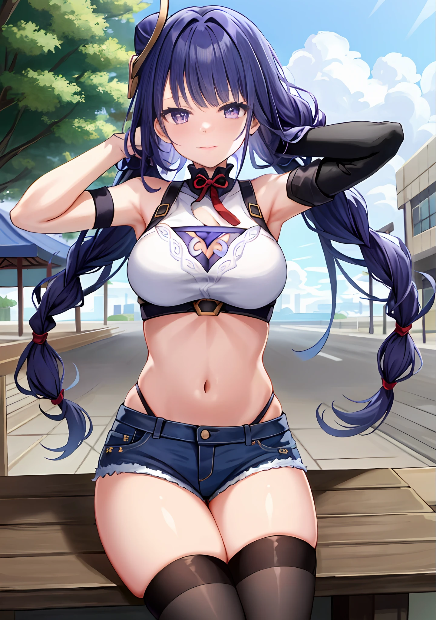 (masterpiece, best quality, ultra-detailed), Raiden shogun \(genshin impact\), (purple hair), cone hair bun, twin tails, long hair, swept bangs, braid, braided bangs, purple eyes, pink eyes,
(wearing a t-shirt:1.2), sitting on a chair outside of caf, embracing the natural beauty, sunlight, beautiful cloudy sky, city, street, denim shorts, black stocking,
medium breasts, thick thighs, critical angle, cowboy shot, arm behind head, arm behind back, armpits, light smile, crop top, strong and seductive expressions,,