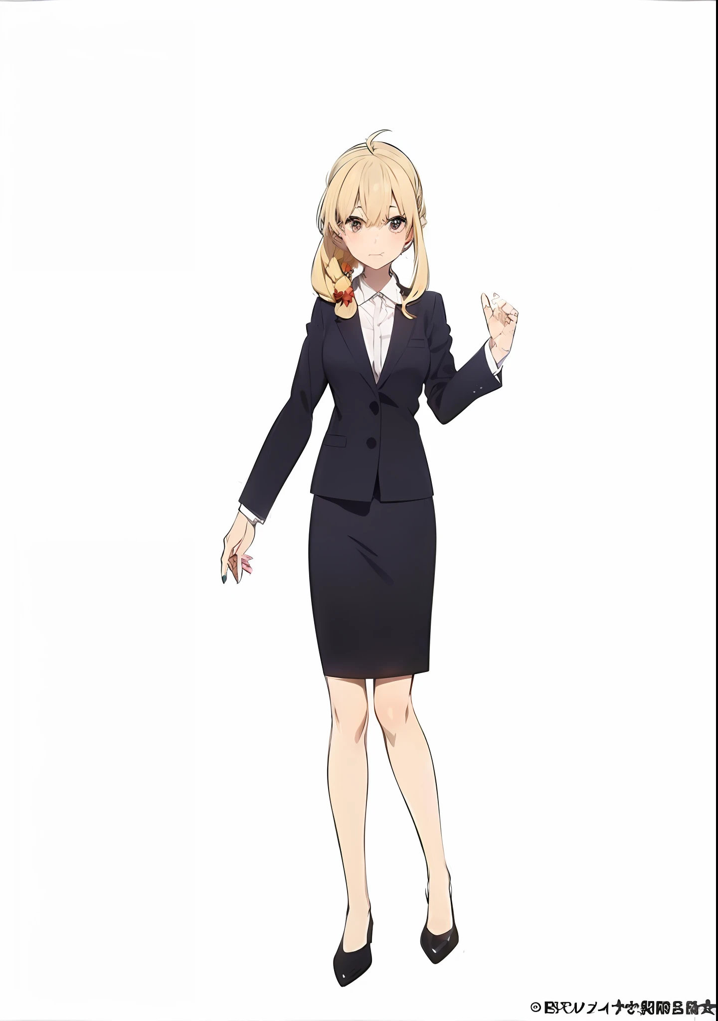 Woman in business suit standing with hands in the air, anime vtuber full body model, single character full body, a female anime character, Anime girl named Lucy, Girl in suit, Anime visuals of cute girls, anime full body illustration, Girl in a suit, Official art, full body single character, Anime Best Girl, kinmoza!