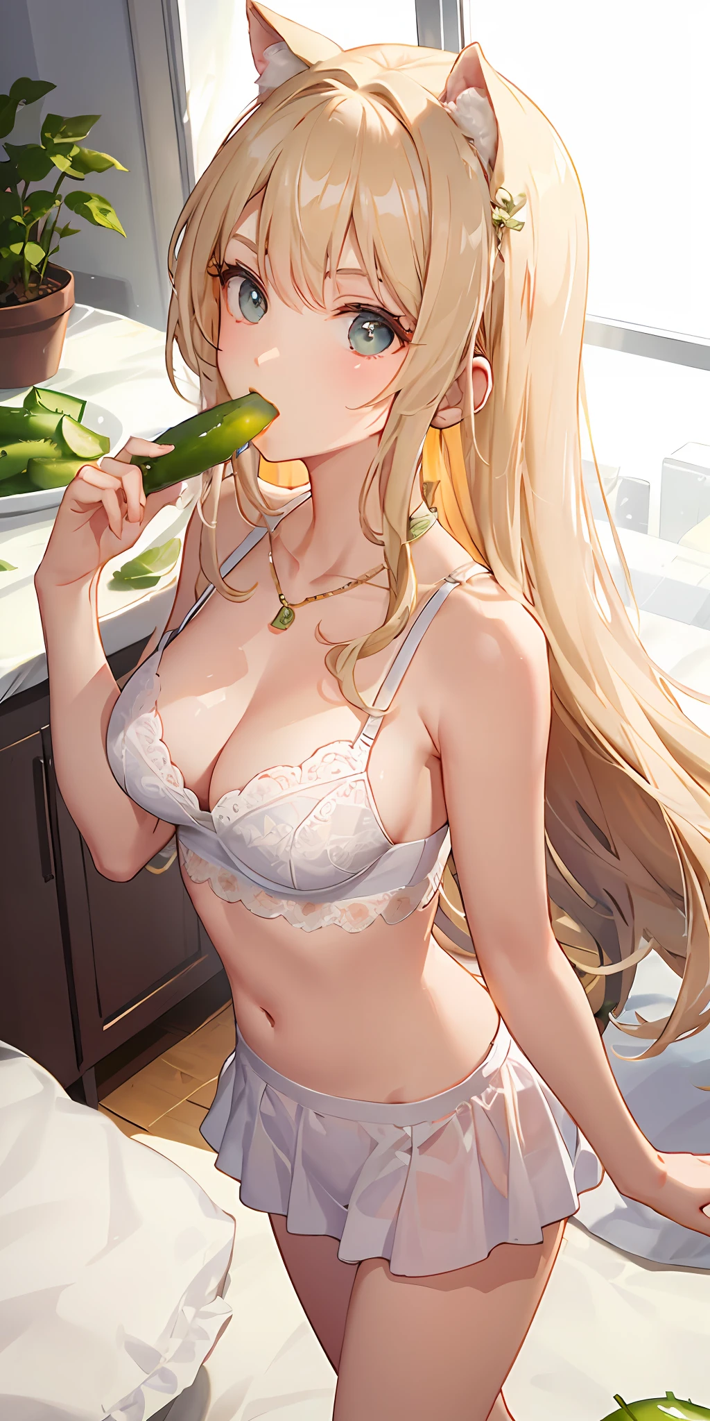 A long cucumber，Mouth eats cucumbers，Eat cucumbers with your mouth open