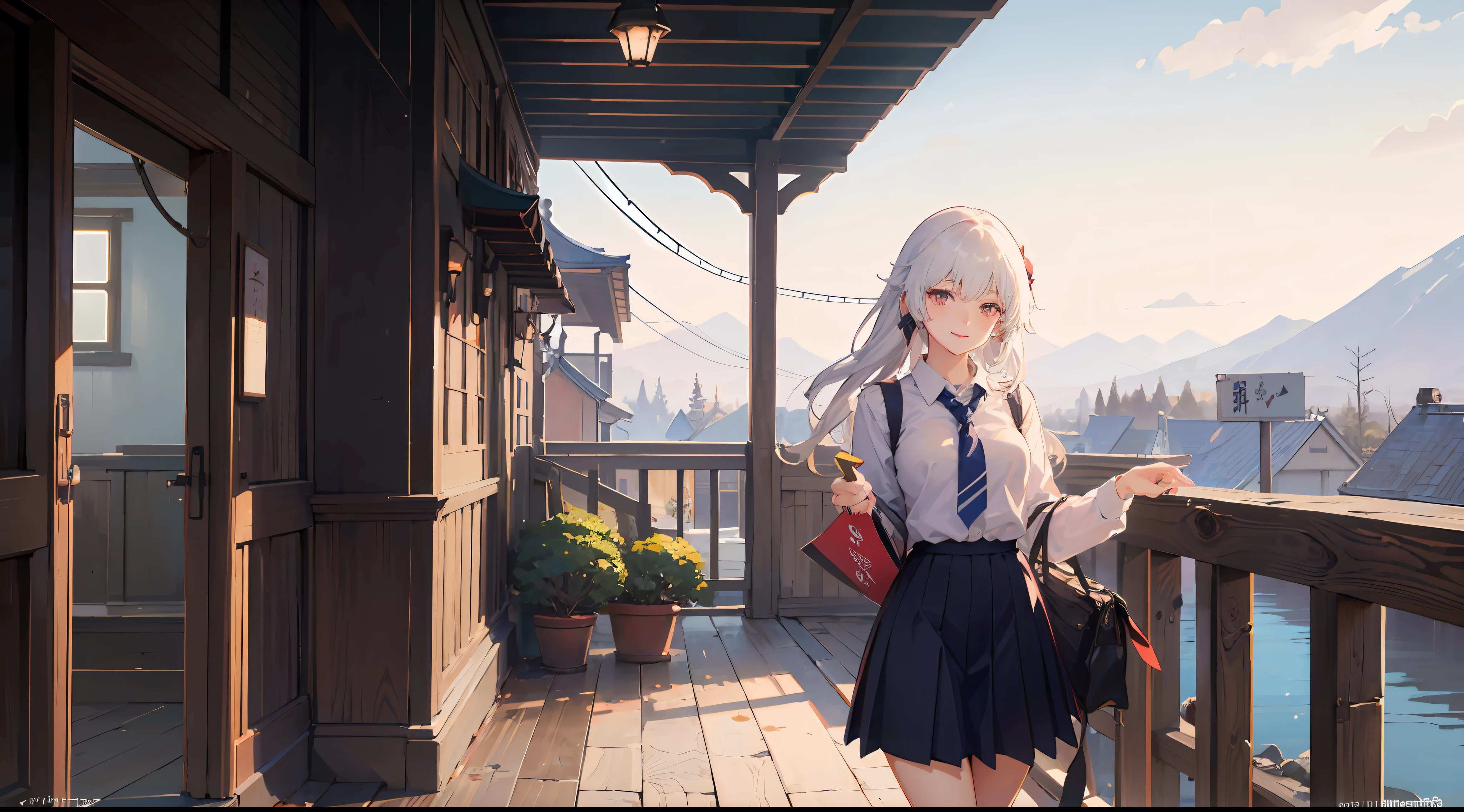youthfulness、夏天、hi-school girl、a smile、校服、neck tie、animesque、White hair、teens girl、Detailed and beautiful illustrations、best anime 4k konachan wallpaper, guweiz, artwork in the style of guweiz,
