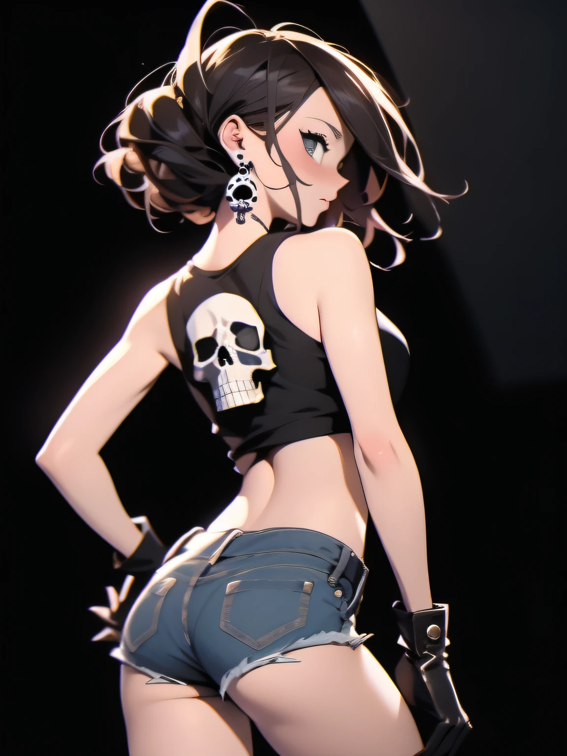 ((Absurdres)), ((best quality)), ((masterpiece)), ((Simon Bisley)), (((wimple))), Beautiful view of an anime punk woman wearing punk tank top and a skull print on chest, and tight denim mini shorts, naked arms and hand gloves with steel spikes, very short punk hairstyle, 35 years old, fit and tall body, two-piece outfit, skull earrings, cute face, Sexy back standing pose, black background, grayscale image, Colorless lighting