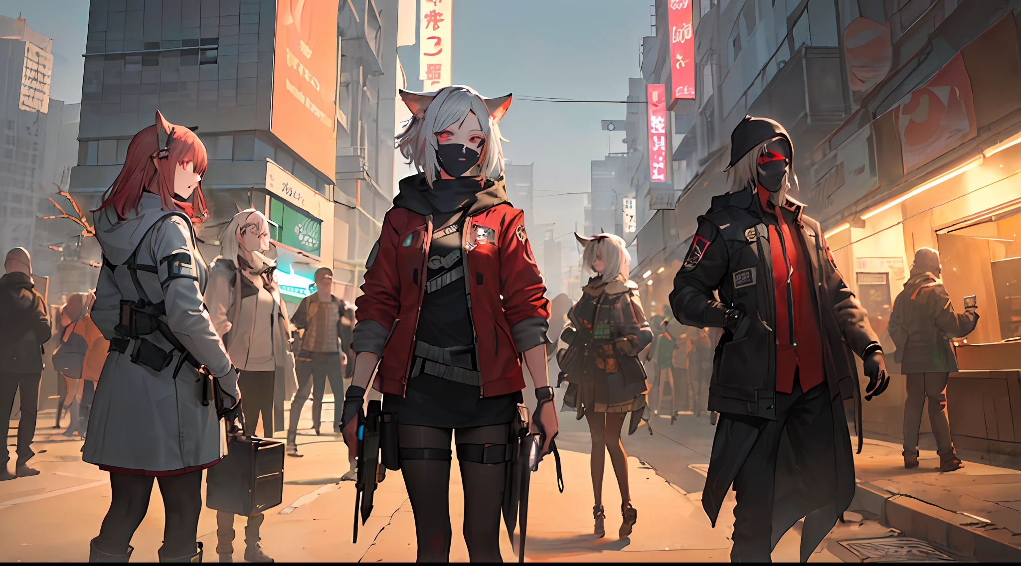 ((masterpiece, super detailed, intricate detail, top quality)), cyberpunk night city, modern dark cyberpunk car, night street, night lamp, (night light: 1.2), (cyberpunk dark very high-tech outfit girl: 1.3), cyberpunk eyes, neon lights, walking through dark streets, after mission, blood costume, blood sword, (without smile: 1.3), cold face, ( Ninja Masks in Cyberpunk Japan: 1.3), Strong Dark Color, Cold Contrast, (Very Contrasting Shadows: 1.3), Night Killer, Dead Inside, (Black-Red Team: 1.3), (2 Men, 2 Women: 1.4), (Black Pantyhose, White Pantyhose: 1.3), (Cyberpunk Armor to Man: 1.3), Money, Scary Mask, (Beast Ears: 1.2), (White Hair: 1.2), (Red-haired, Black-haired: 1.1), (middle chest, small breast: 1.4), (knife in holster: 1.3), cyberpunk gun, scary background, (post-apocalyptic cyberpunk: 1.3),
