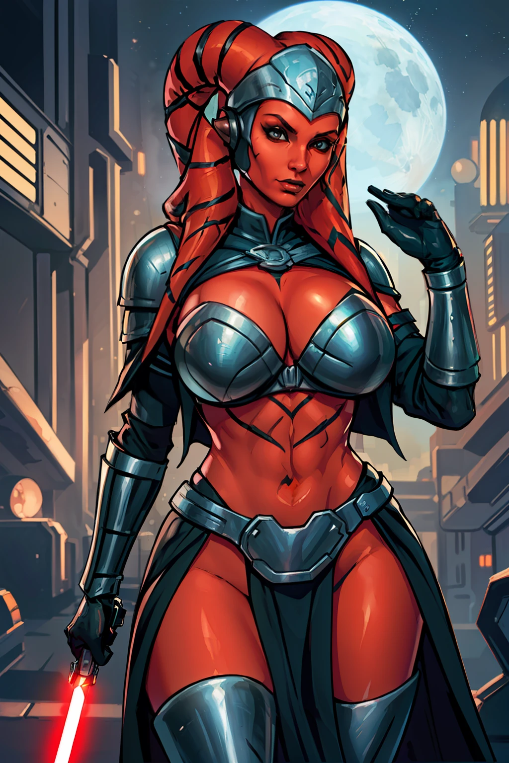 busty, masterpiece, best quality, highly detailed, award winning, high definition, ((red skin), twi'lek), dual red lightsabers, evil space knight, space ninja, (black robes, black stealth armor, breastplate, tunic, tabard, cowl, cloak, body glove, straps, buckles, skirts, long sleeves, fantasy, ((armor))), ((busty), slender body, thin, slim sexy body, slim waist, (((huge breasts)))), Imperial starship, Star Wars,