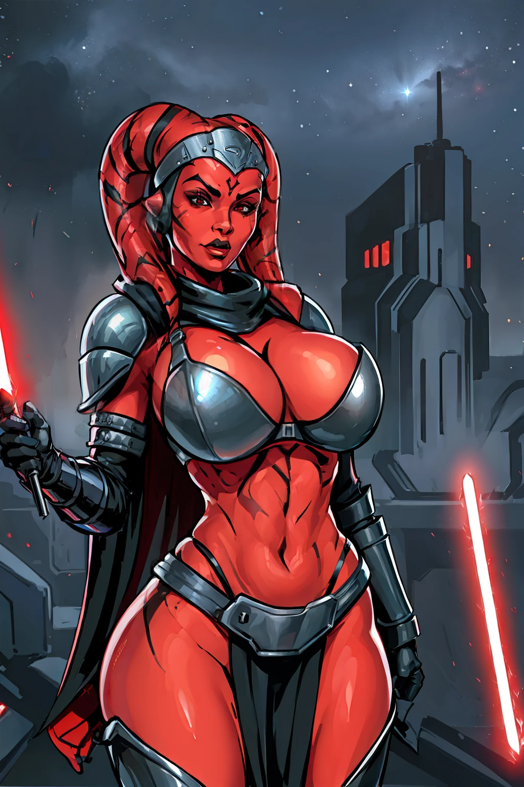 busty, ((red skin), twi'lek), dual red lightsabers, evil space knight, space ninja, (black robes, black stealth armor, breastplate, tunic, tabard, cowl, cloak, body glove, straps, buckles, skirts, long sleeves, fantasy, ((armor))), ((busty), slender body, thin, slim sexy body, slim waist, (((huge breasts, large breasts)))), Imperial starship, Star Wars,