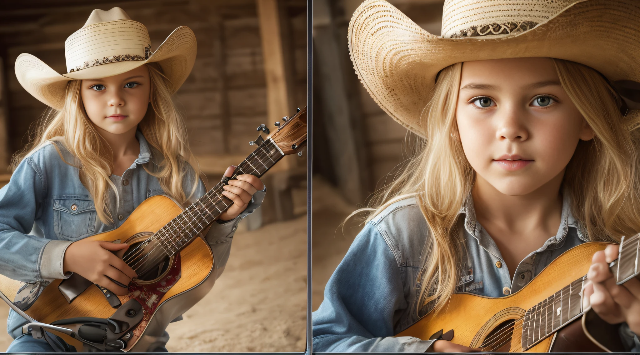 10 year old Russian child girl, close up, PORTRAIT, with long blonde hair, in a cowboy hat playing a guitar in a barn, wearing cowboy hat, photo shoot, wearing a cowboy hat, promotional photo, and a cowboy hat, cowboy hat and glasses, pr shoot, photo of a promotional session,  TV still, photo - shooting, cowboy shot, shaded, country